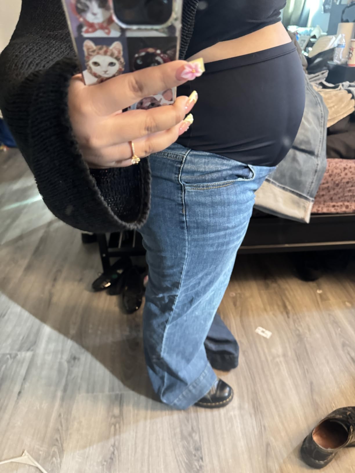 Women's Maternity Jeans Wide Leg Over The Belly Support Stretch Pregnancy Denim Loose Wide Pants with Pockets customer photo 1