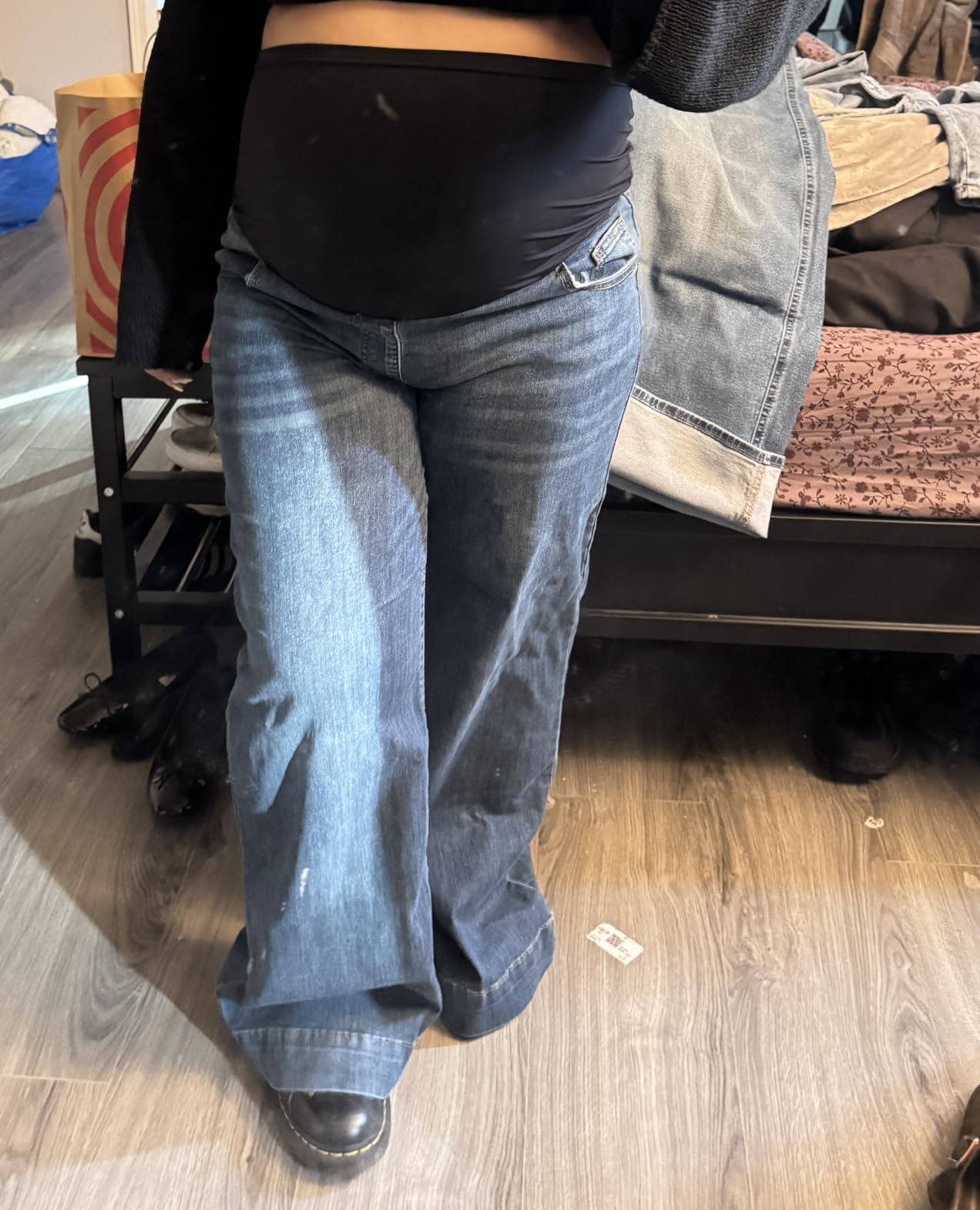 Women's Maternity Jeans Wide Leg Over The Belly Support Stretch Pregnancy Denim Loose Wide Pants with Pockets customer photo 2