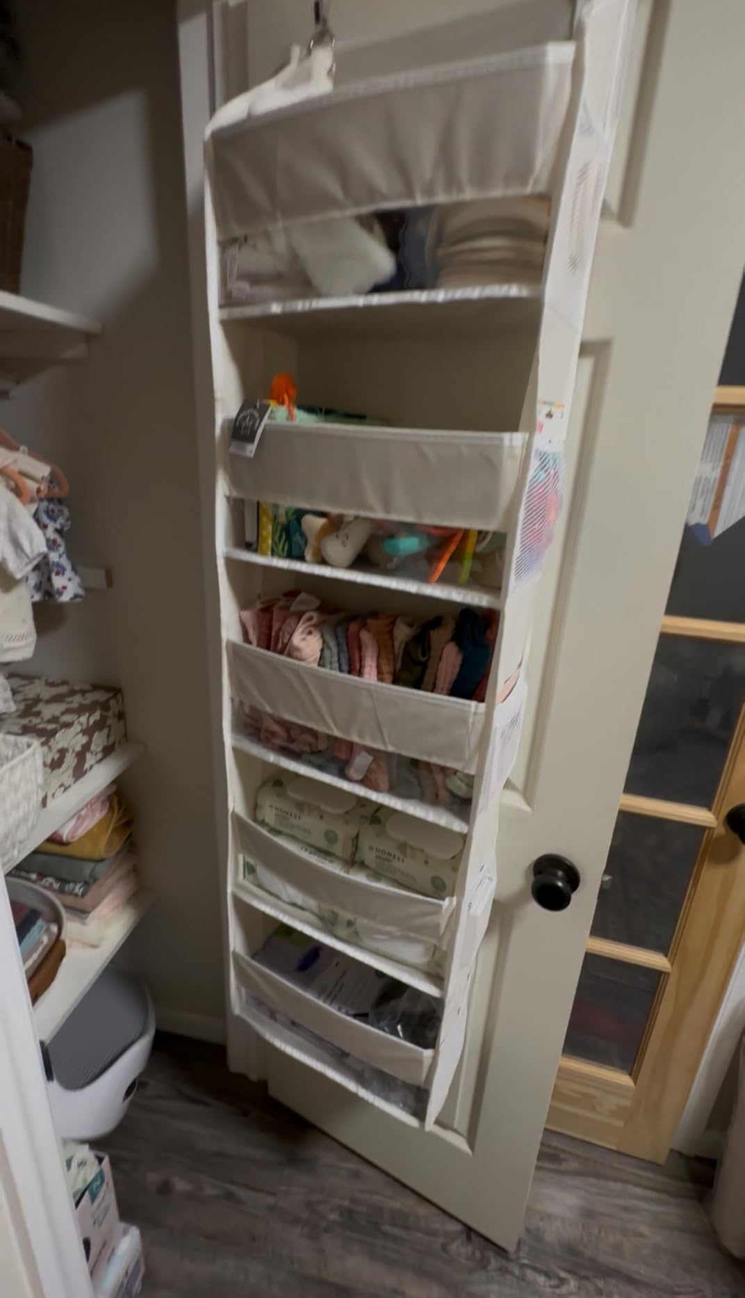 Criusia Over the Door Organizer, 6-Shelf Closet Hanging Storage with 13 Mesh Pockets, 55lbs Capacity Behind the Door Storage for Baby Nursery, Bathroom, Bedroom, and Dorm, Beige customer photo 1
