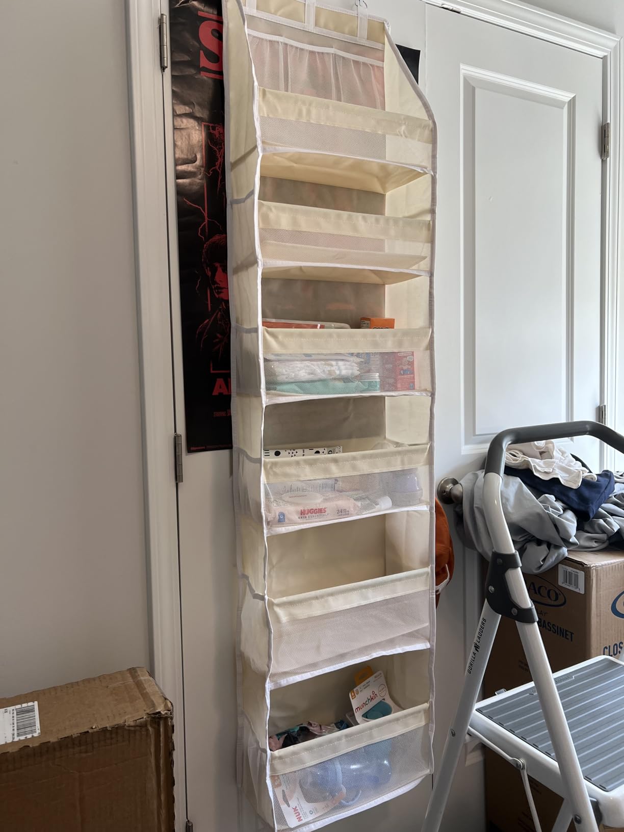 Criusia Over the Door Organizer, 6-Shelf Closet Hanging Storage with 13 Mesh Pockets, 55lbs Capacity Behind the Door Storage for Baby Nursery, Bathroom, Bedroom, and Dorm, Beige customer photo 2