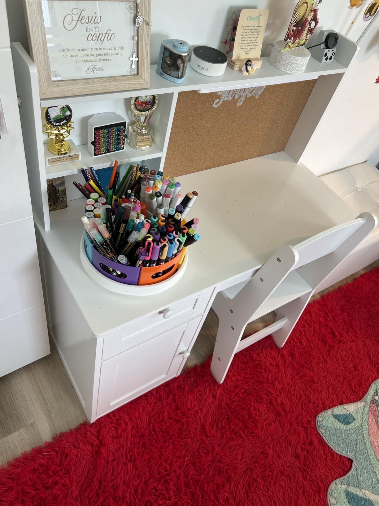 Kids Study Desk with Chair, Kids Desk Chair Set for 5-12 Years Old, Children Wooden Study Table with Hutch & Storage Cabinet, Student Writing Table Computer Workstation for Girls and Boys, White customer photo 2
