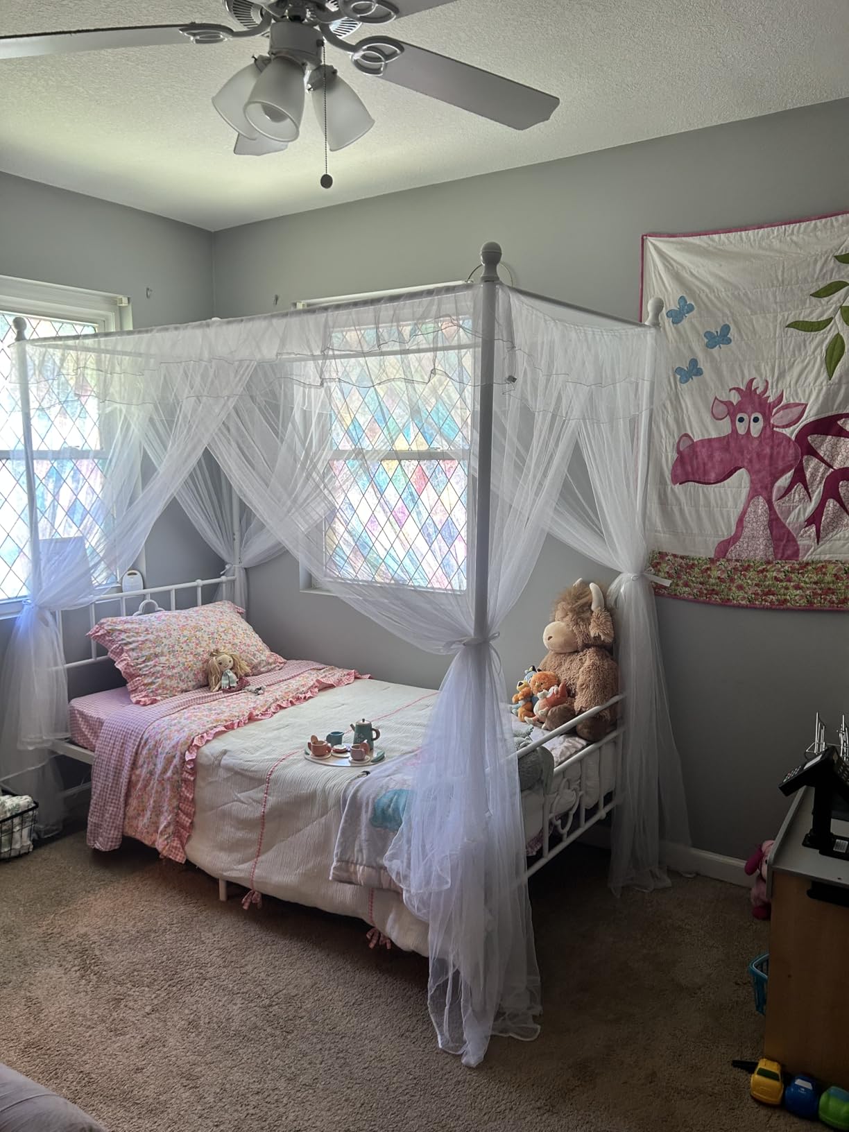 Homkdom Canopy Bed Frame with Storage Headboard, Full Size Bed Frame with 4 Removable Posts, Sturdy Metal Platform with Under-Bed Storage, Dual Purpose Bed Frame, No Box Spring Needed, White customer photo 2