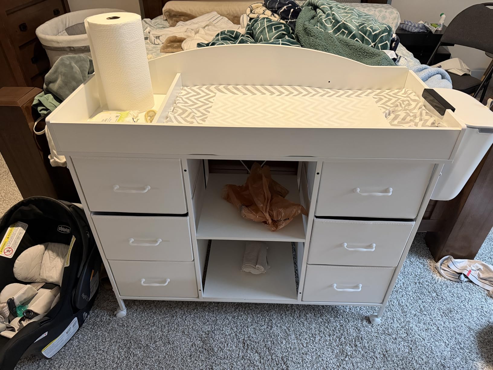 Yetom Changing Table, 6-Drawer Baby Dresser with Changing Table top, Waterproof Diaper Changing Station & Pad, 2 Height-Adjustable Open Storage Shelves, Mobile Nursery Organizer, White customer photo 2