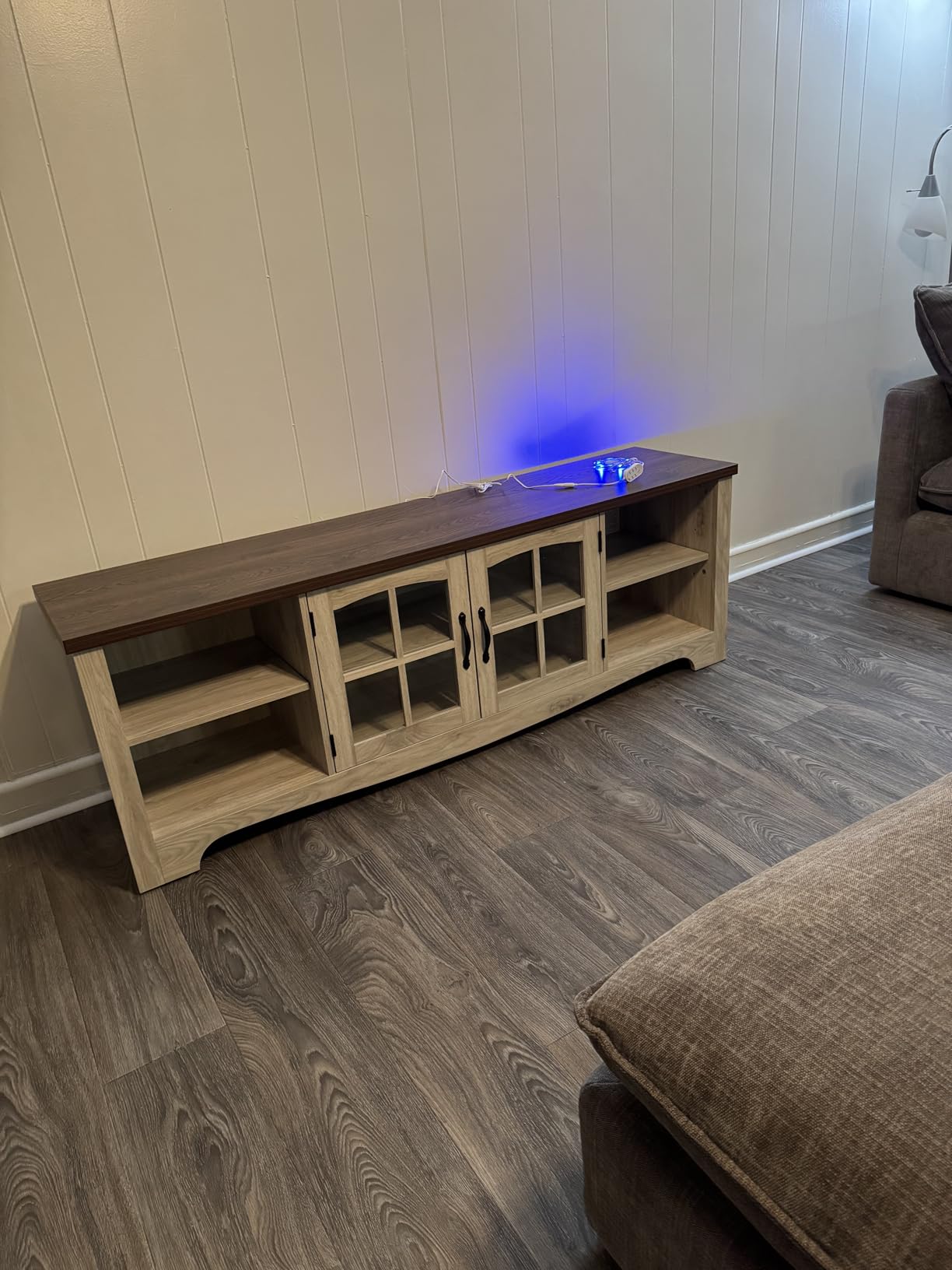 LINSY HOME TV Stand for 75 Inch TV, Modern Farmhouse Entertainment Center with Storage Cabinets and Glass Doors, Tall Media Console Table for Living Room, Bedroom, Large Long Television Stand, Brown customer photo 2