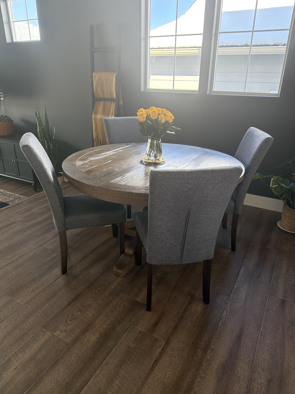 Set of 4 Beige Upholstered Dining Chairs, Farmhouse Kitchen Chairs with High Back Support, Solid Rubberwood Legs, Comfortable Padded Seat, Bronze Nailhead Trim, Dining Room Chairs for Family Meals customer photo 1