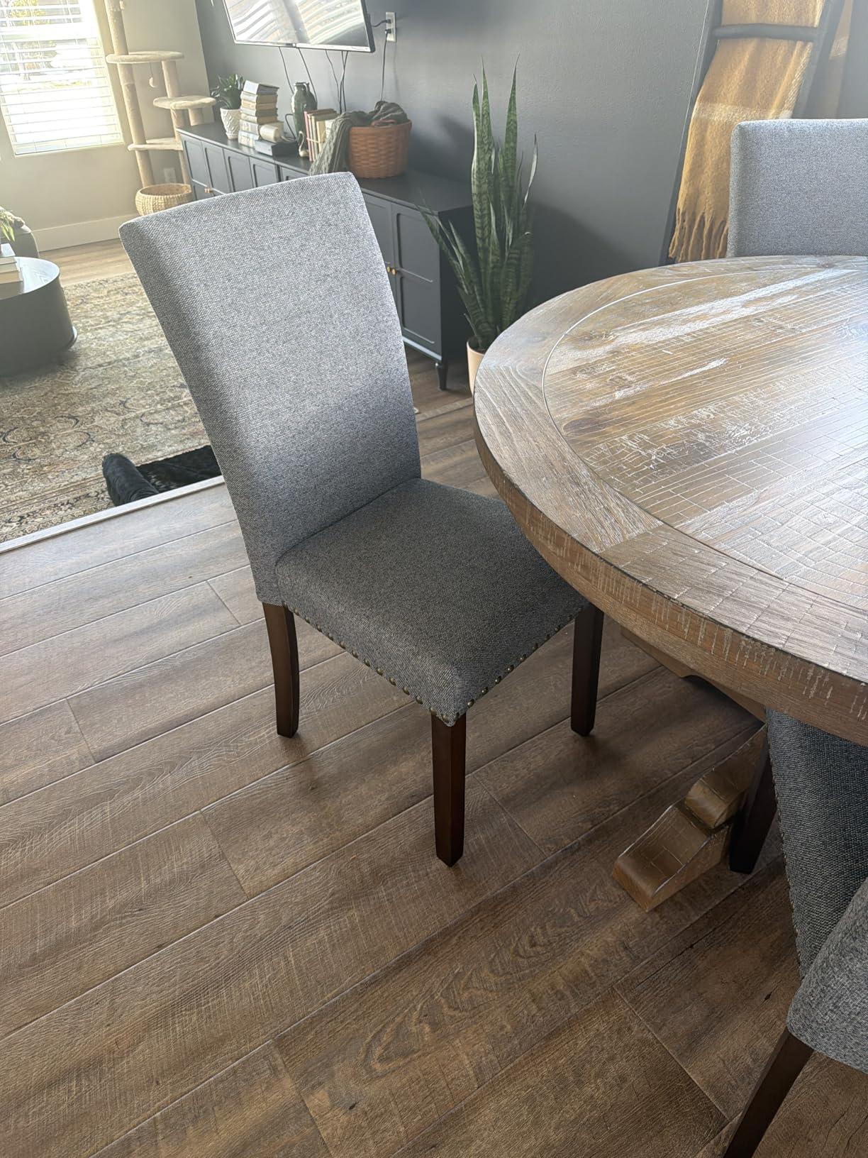 Set of 4 Beige Upholstered Dining Chairs, Farmhouse Kitchen Chairs with High Back Support, Solid Rubberwood Legs, Comfortable Padded Seat, Bronze Nailhead Trim, Dining Room Chairs for Family Meals customer photo 2