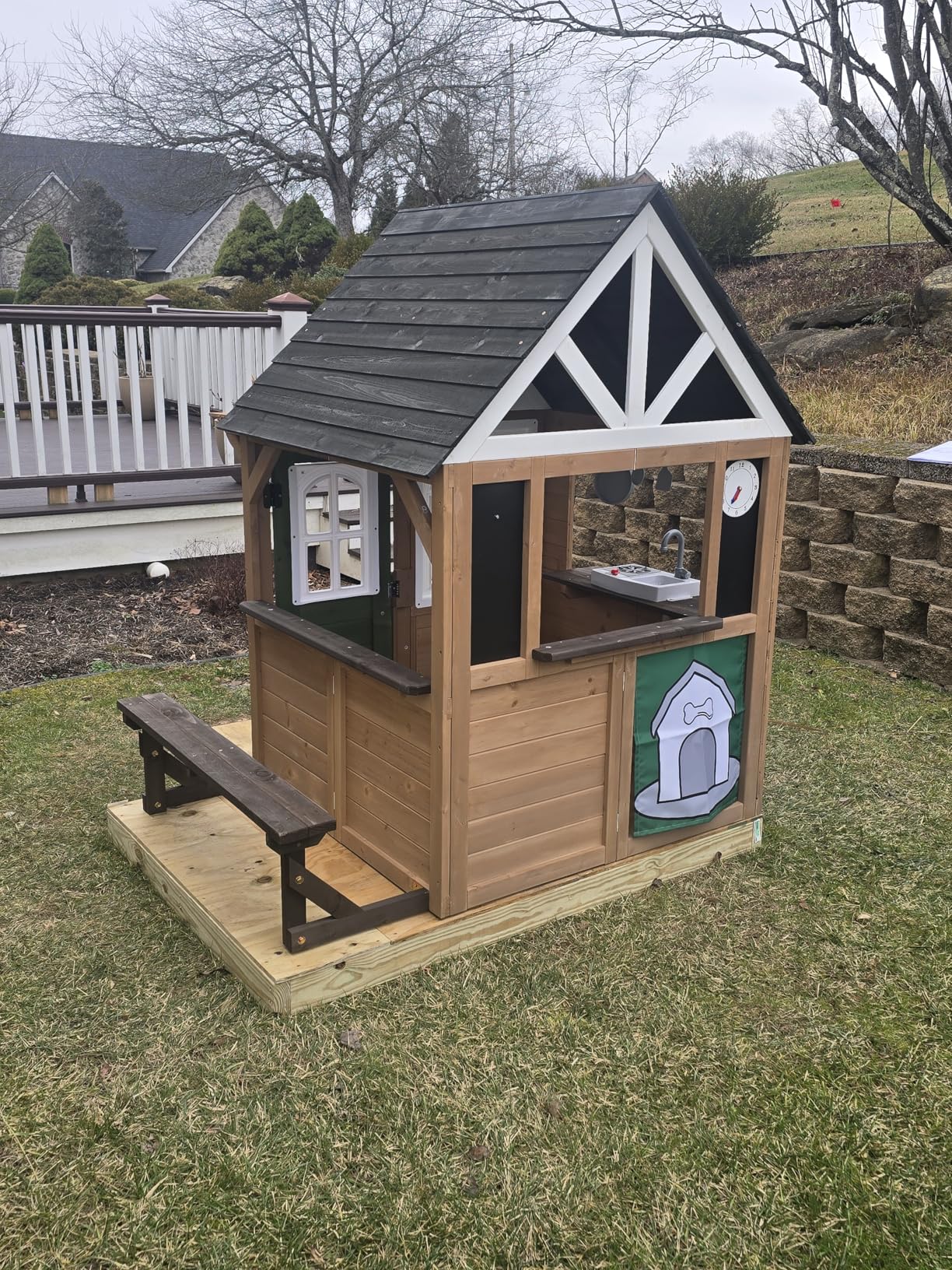Kids Playhouse Outdoor, Cedar Gray Wooden Play House for Kids Ages 3-8, Interactive Doorbell, Kitchen Counter with Utensils, Sink, Window Boxes for Flowers (Blue) customer photo 1