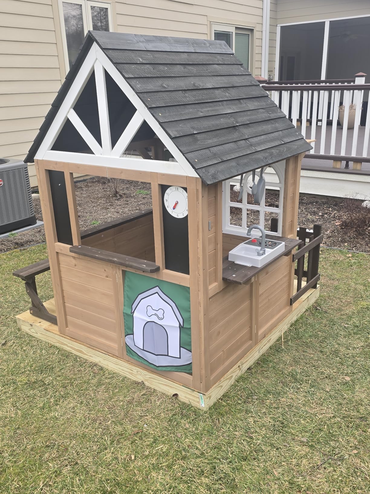 Kids Playhouse Outdoor, Cedar Gray Wooden Play House for Kids Ages 3-8, Interactive Doorbell, Kitchen Counter with Utensils, Sink, Window Boxes for Flowers (Blue) customer photo 2