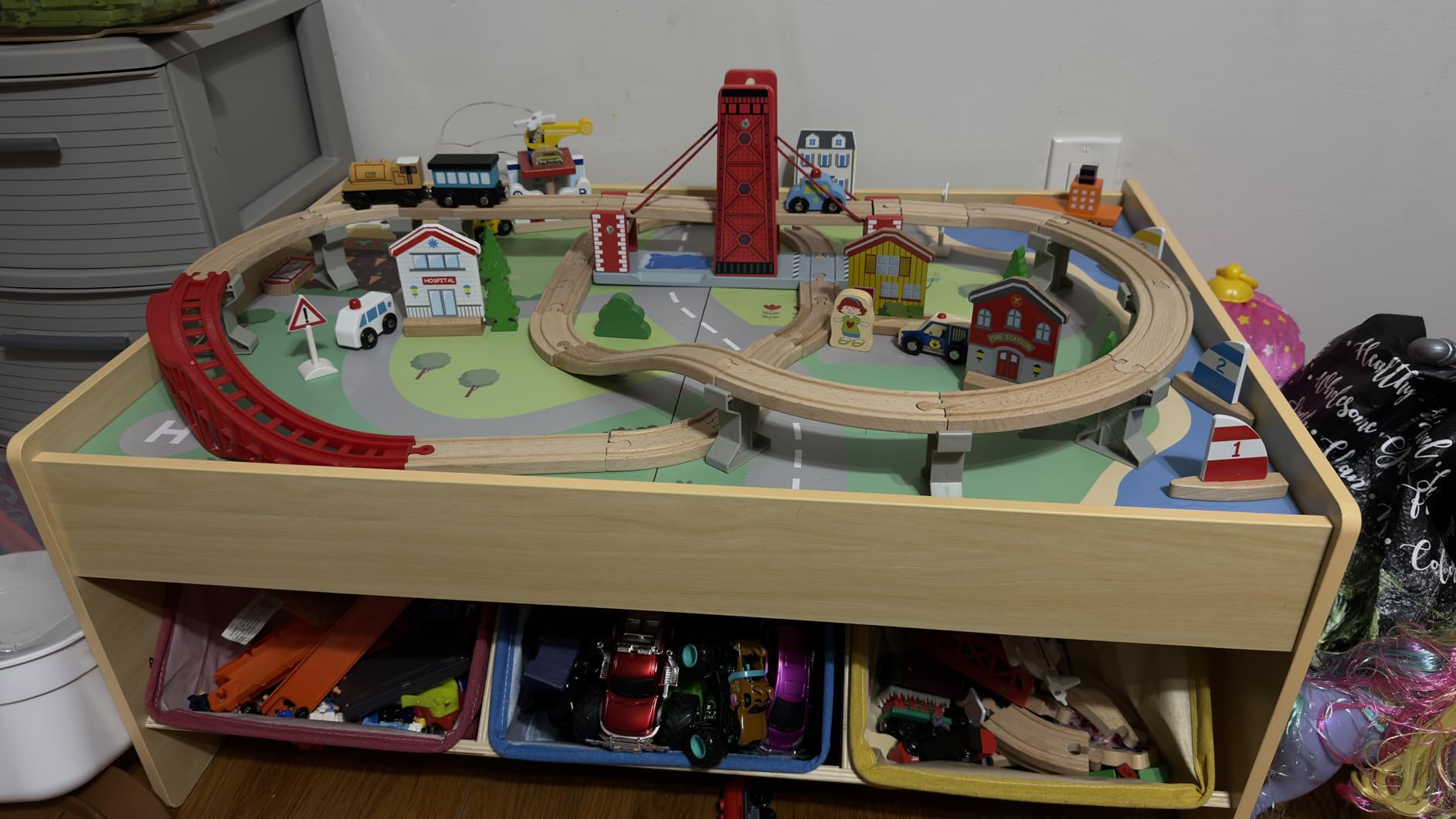 INFANS Train Table with Storage, 94 Pieces Wooden Kids Activity Toy Table Playset with 3 Foldable Boxes Reversible Detachable Tabletop, Tracks, Train, Railway, Gift for Toddler Boys Girls Ages 3+ customer photo 2