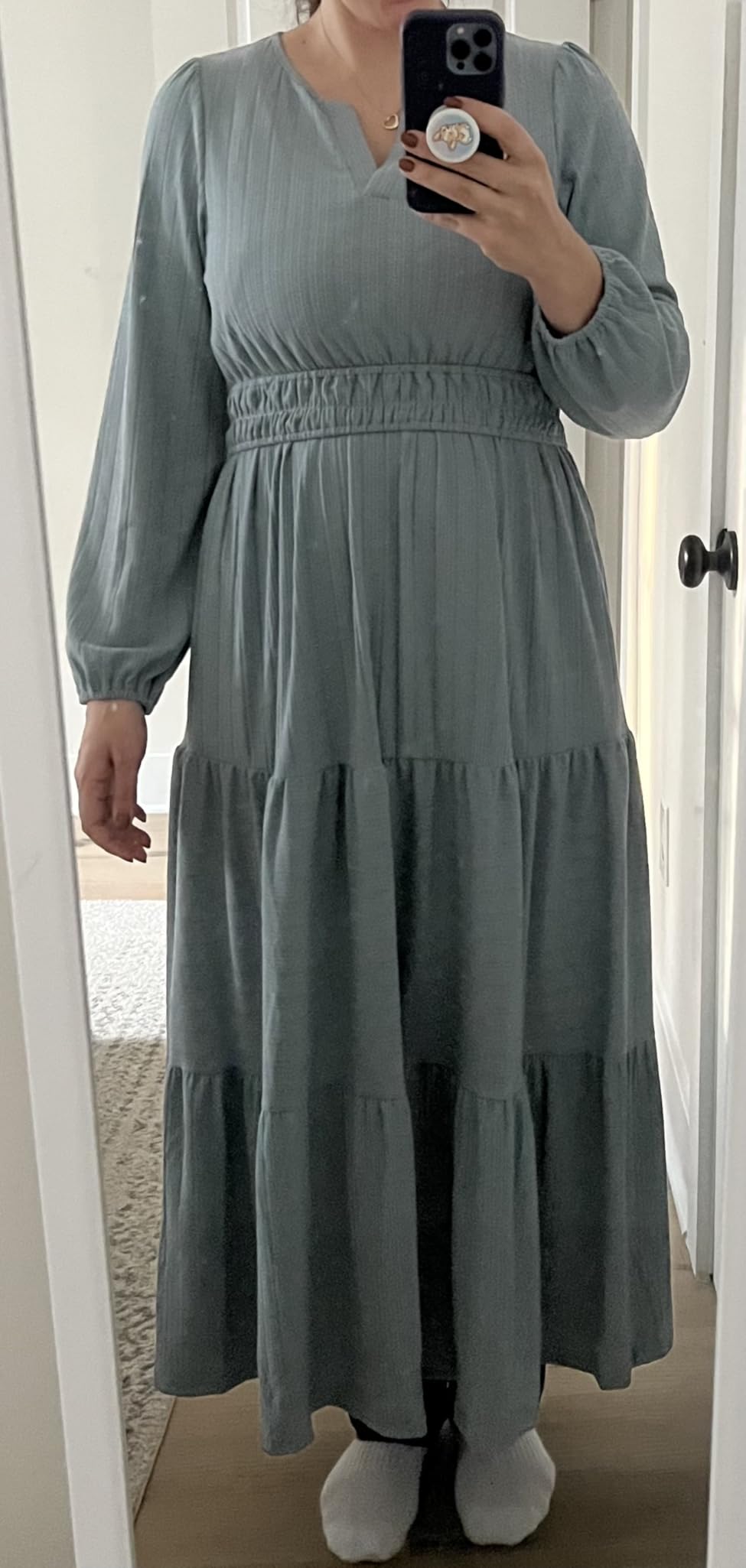 CzzzyL Nursing Fall Dresses for Women Puff Long Sleeve V Neck Tiered Wedding Guest Maxi Dress with Pockets customer photo 1