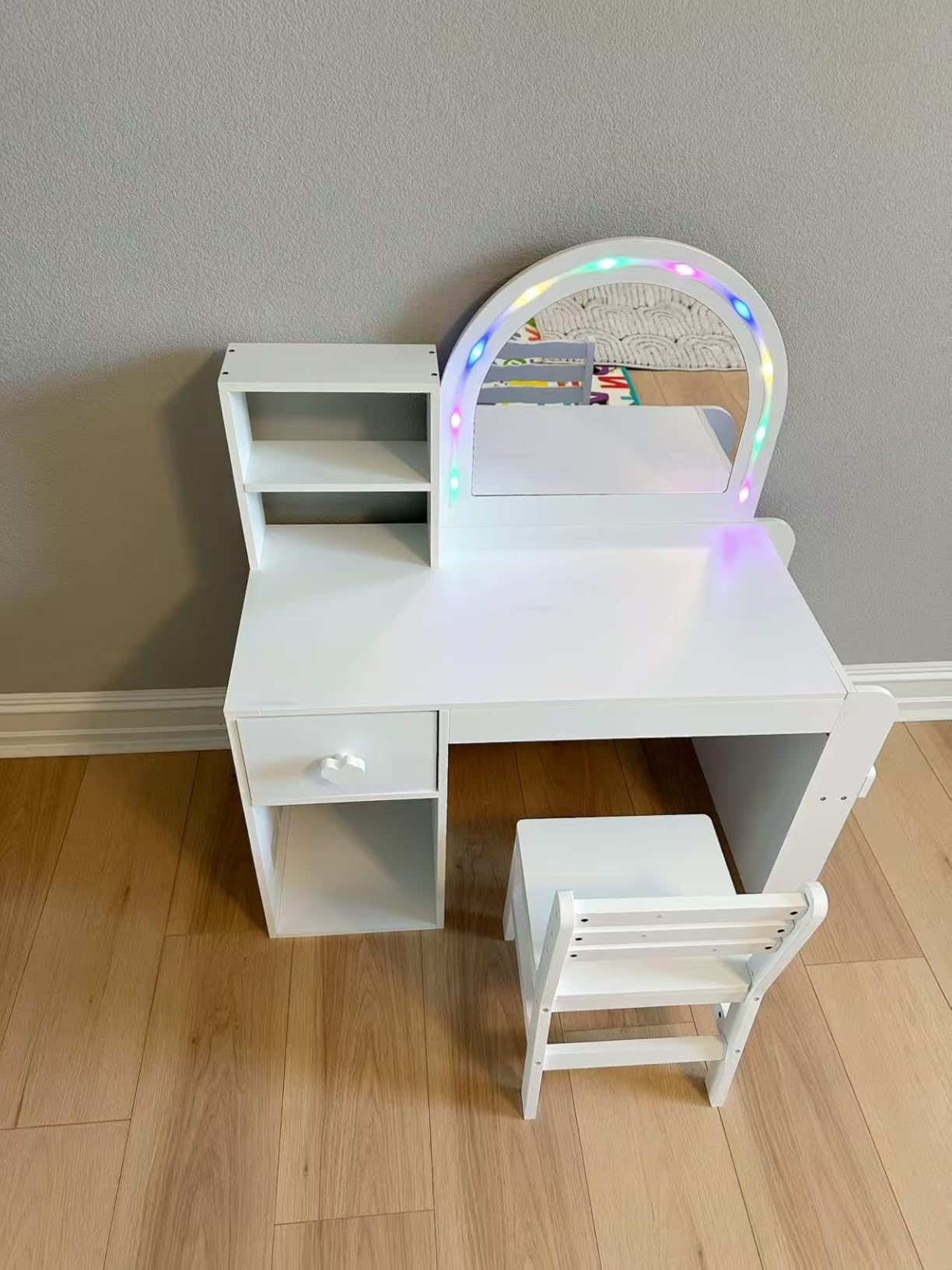Costzon Kids Vanity, Girls Vanity Set with Lighted Mirror, Bookshelf, Drawer, Storage Cabinet & Shelves, Toddler Makeup Vanity Desk Dressing Table, Wooden Kids Vanity Table and Chair Set (Pink) customer photo 2