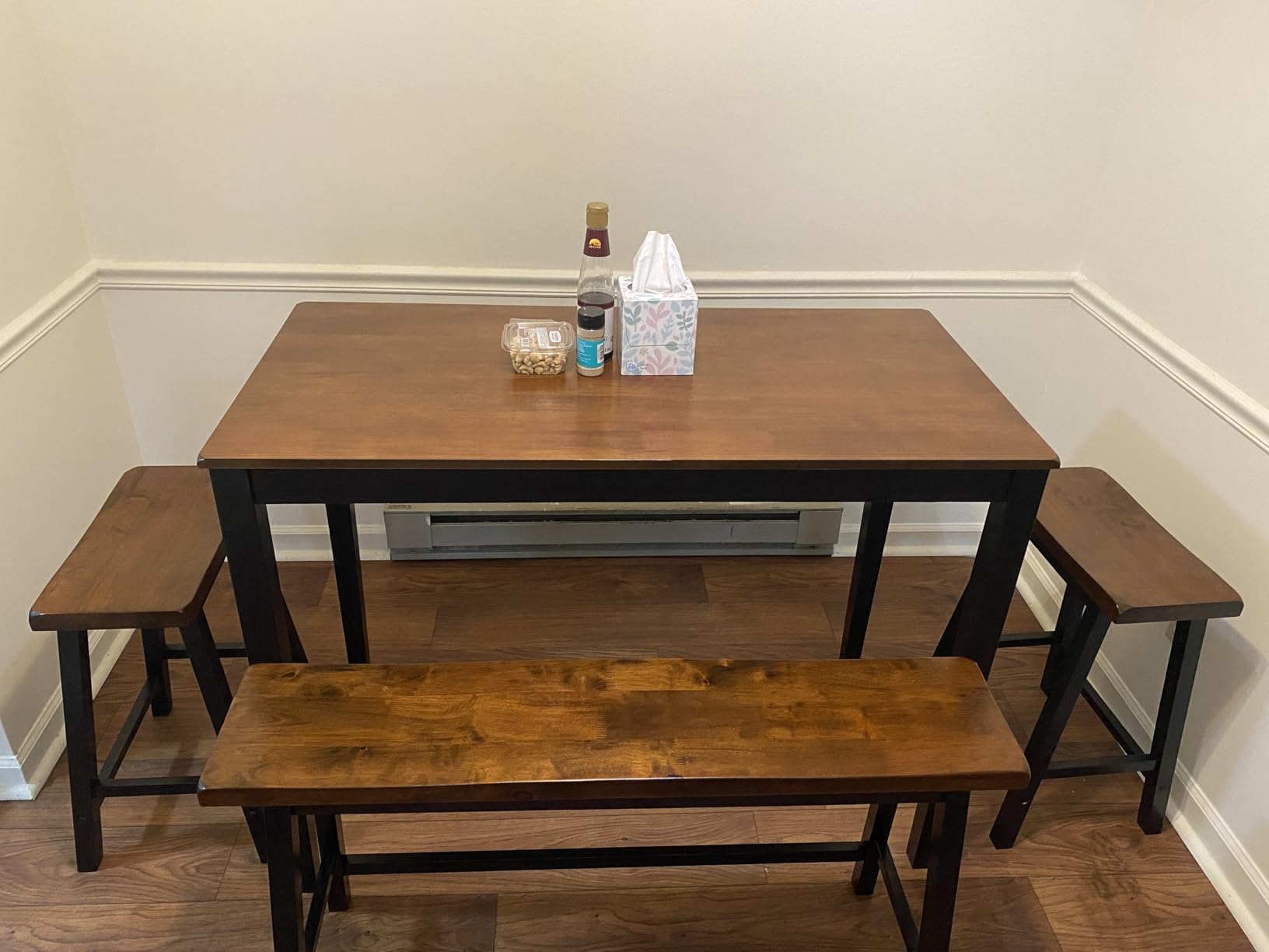 PHI VILLA Dining Table Set for 4, Kitchen Table Set with Bench and Chairs, Solid Wood Counter Height Bar Table and Chairs, Small Breakfast Table Set, Walnut with Black customer photo 2