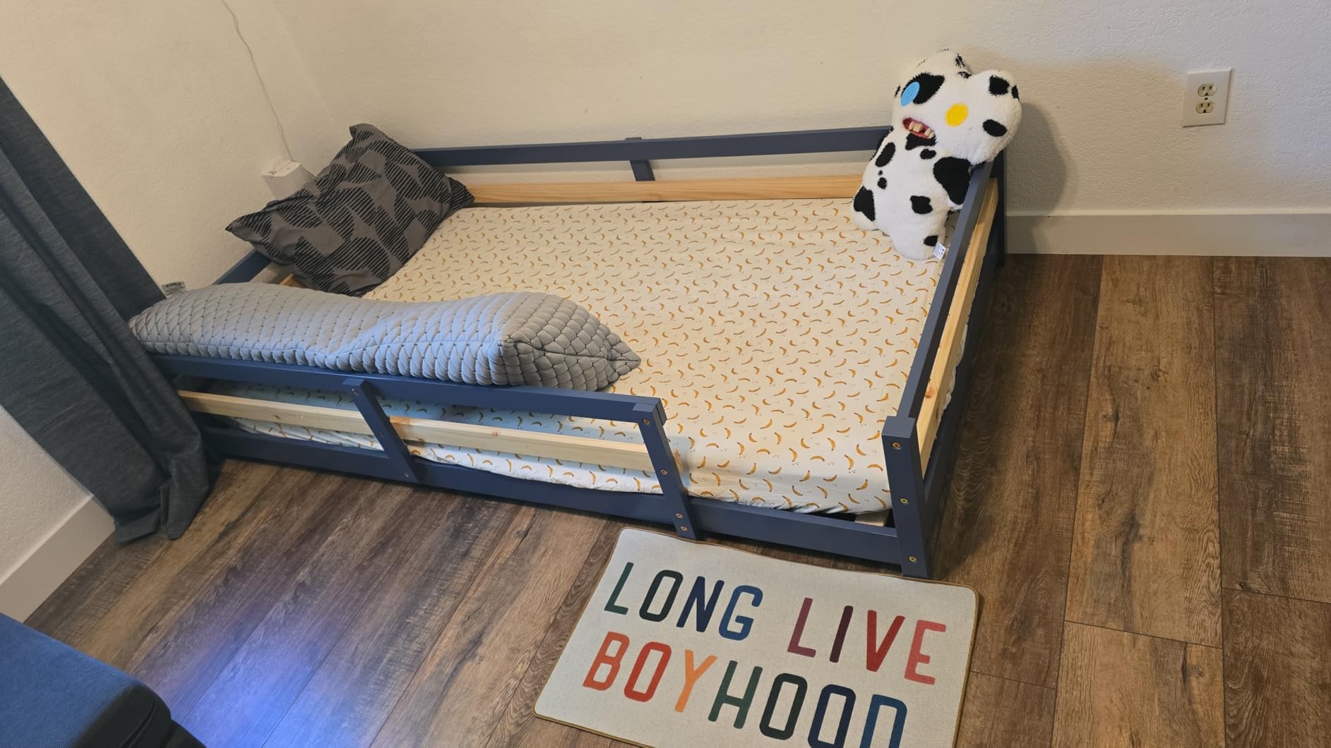 LLS Twin Size Montessori Bed, Solid Wood Floor Bed Frame with Safety High Fence, Montessori Floor Bed with Rails for Boys Girls, Natural customer photo 1