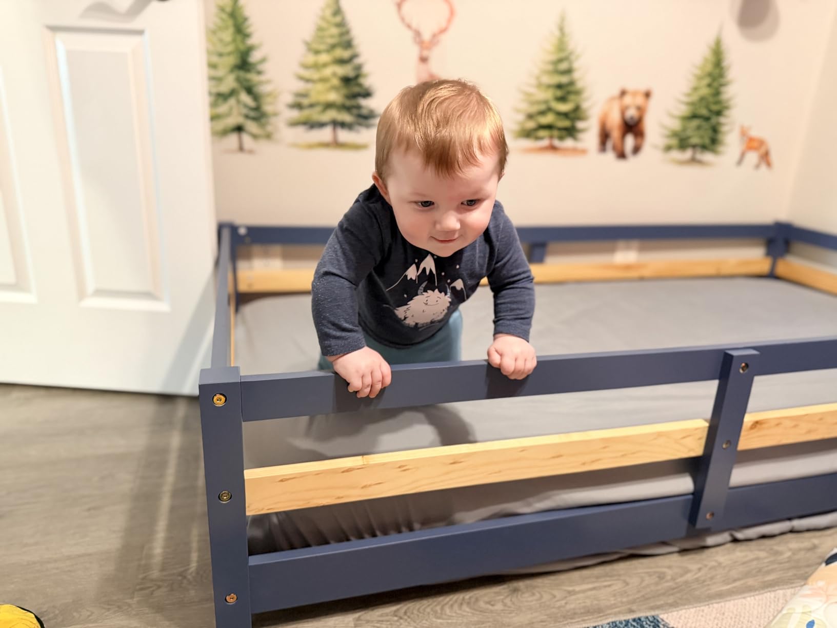 LLS Twin Size Montessori Bed, Solid Wood Floor Bed Frame with Safety High Fence, Montessori Floor Bed with Rails for Boys Girls, Natural customer photo 2