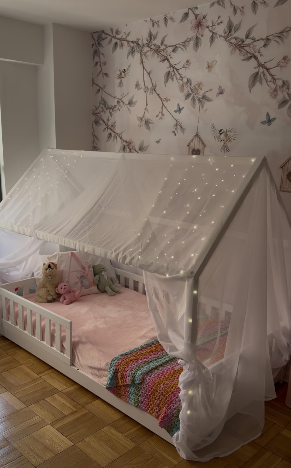 Jocisland Twin Size House Bed for Kids, Montessori 100% Wooden Floor Bed Frame with Guardrails, Removable Rails, Playhouse Roof, Easy Assembly, Toddler Floor Bed for Boys & Girls, Natural Wood customer photo 1