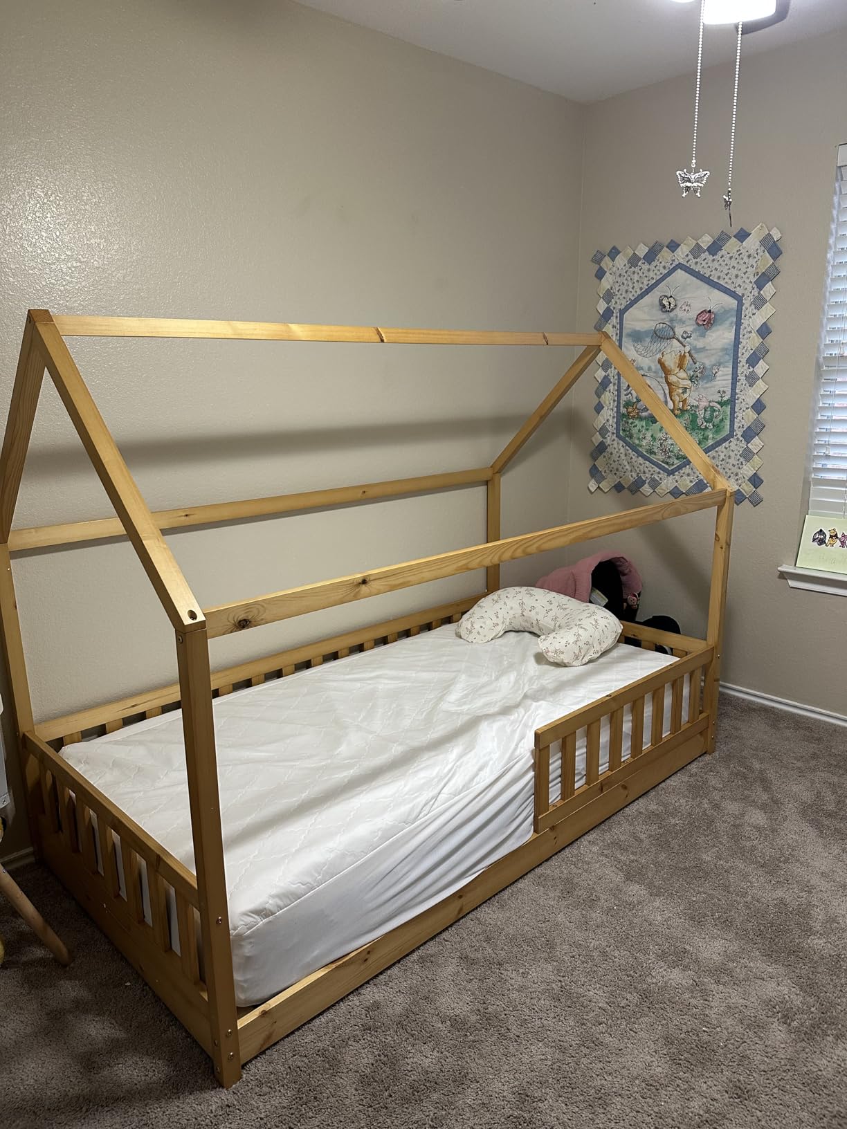 Jocisland Twin Size House Bed for Kids, Montessori 100% Wooden Floor Bed Frame with Guardrails, Removable Rails, Playhouse Roof, Easy Assembly, Toddler Floor Bed for Boys & Girls, Natural Wood customer photo 2