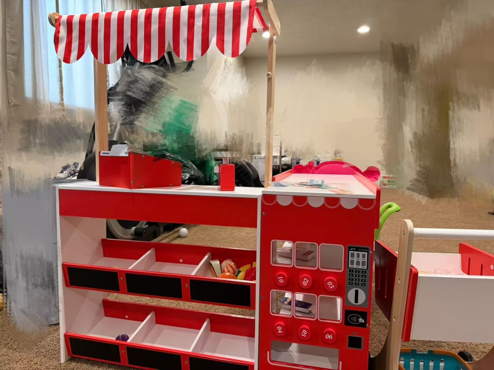 Costzon Kids Grocery Store Playset, Wooden Play Store w/Lights & Sound, Shopping Cart, Blackboards & Cash Register, Toddler Toy Grocery for Boys and Girls Ages 3+ (Red) customer photo 1