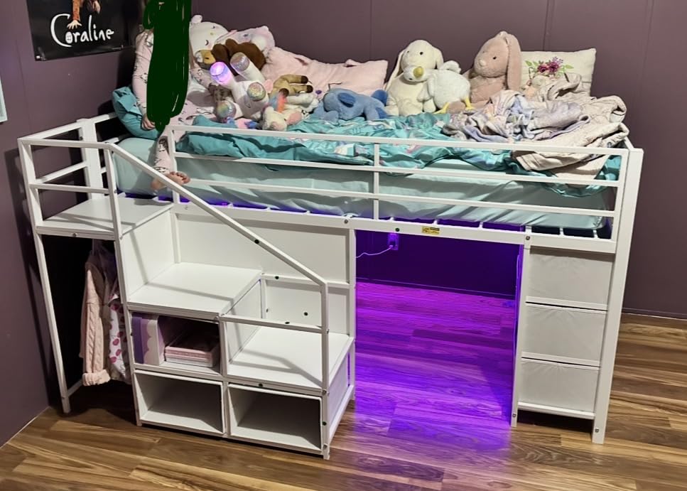 BTHFST Low Loft Bed with Stairs & LED Lights, Twin Loft Bed with 7 Storage Drawers & 3 Open Cubbies & Handy Clothes Rail, Kids Loft Bed with Safety Guardrail, Under-Bed Play Area, White customer photo 2