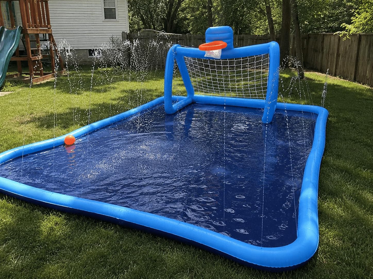 Splash Pad for Kids, 3-in-1 Sprinkler Splash Pad with Soccer Goal & Basketball Hoop, 118