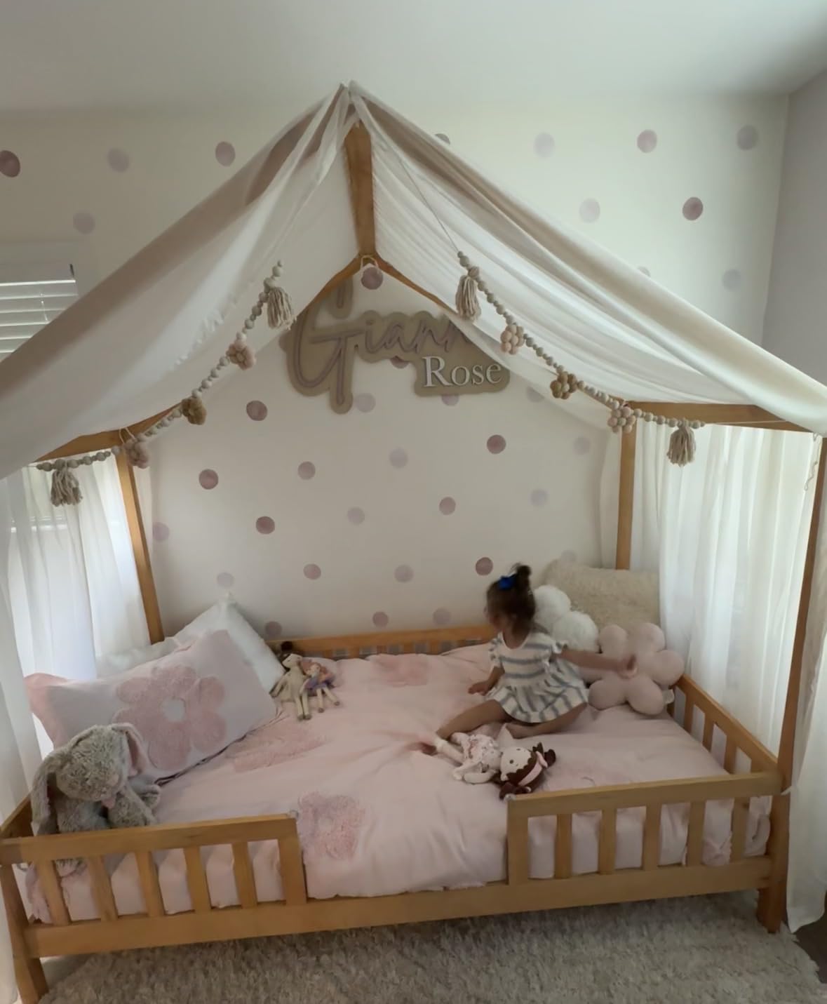 Twin House Bed for Kids with High Rails, Montessori Floor Bed Twin with Roof & Canopy, Wood House Beds Frame for Boys Girls, No Box Spring Needed, White customer photo 1