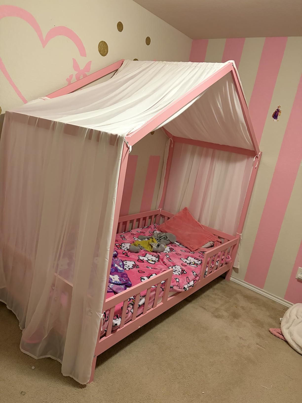 Twin House Bed for Kids with High Rails, Montessori Floor Bed Twin with Roof & Canopy, Wood House Beds Frame for Boys Girls, No Box Spring Needed, White customer photo 2