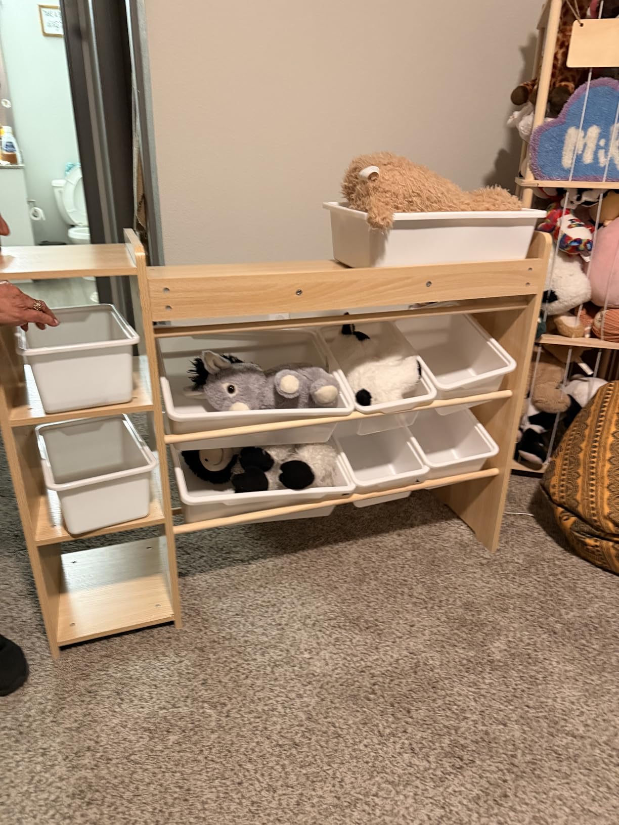DOREROOM Toy Storage Organizer with Bookshelf, Kids Toy Storage and Organizers with 3 Shelves/9 Bins/3 Hooks, Bin Shelf, Toy Organization for Playroom, Nursery, Bedroom, Toddler Room | Wood & White customer photo 2