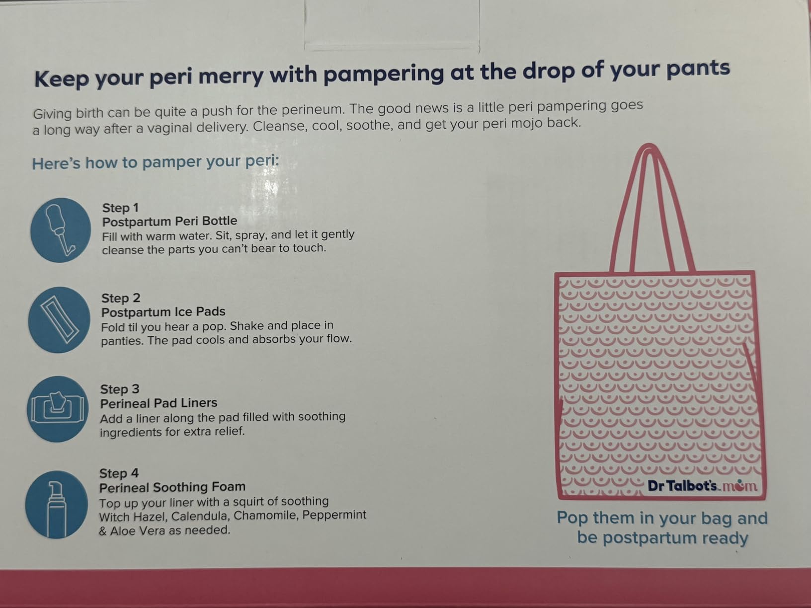 Dr. Talbot's Mom Postpartum Recovery Kit, Hospital Bag Essentials, Includes Peri Bottle, Perineal Soothing Foam, 4 Postpartum Ice Pads & 24 Perineal Pad Liners customer photo 1