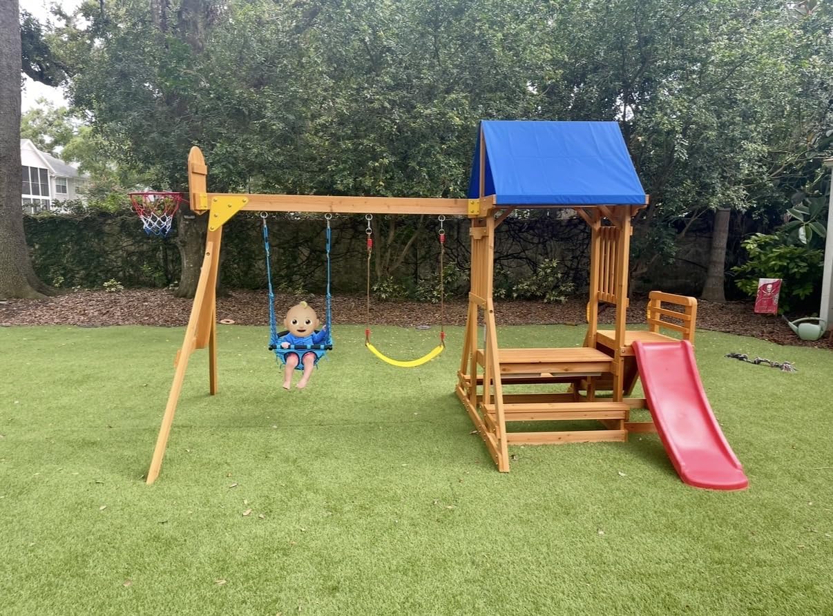 SUNIBOXI Wooden Swing Sets for Backyard, Kids Outdoor Playground Set with Monkey Bars, Wave Slide, 2 Belt Swings, Climbing Ladder, Rock Wall, Play Deck with Canopy Roof for Ages 3-6 customer photo 1