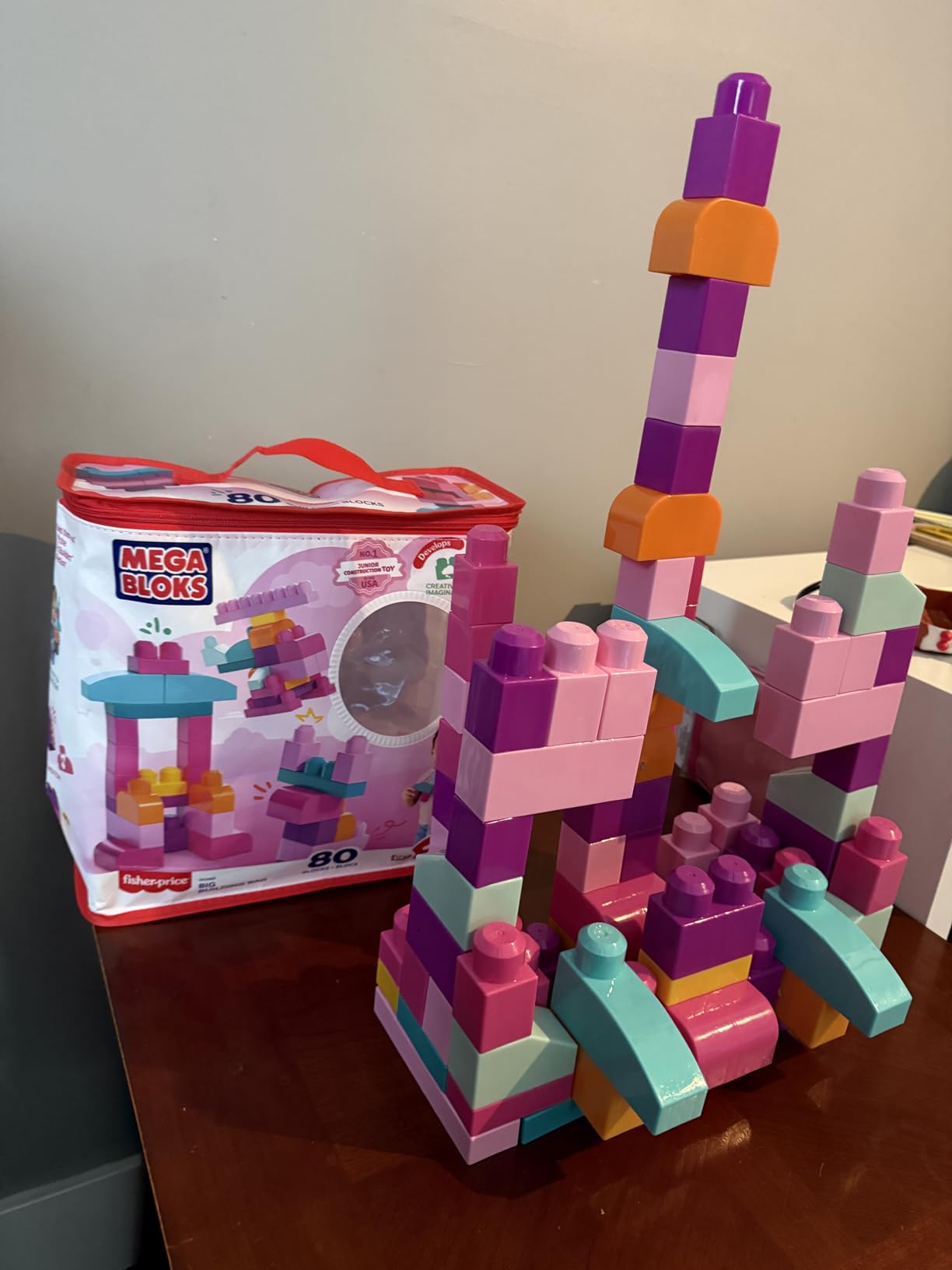 MEGA BLOKS First Builders Toddler Blocks Toys Set, Big Building Bag Collection with 80 Pieces and Storage, Pink, Ages 1+ Years customer photo 1