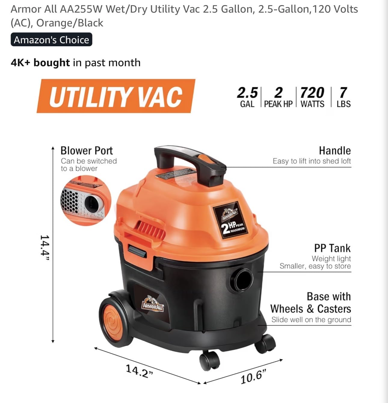 Armor All AA255W Wet/Dry Utility Vac 2.5 Gallon, 2.5-Gallon,120 Volts (AC), Orange/Black customer photo 1