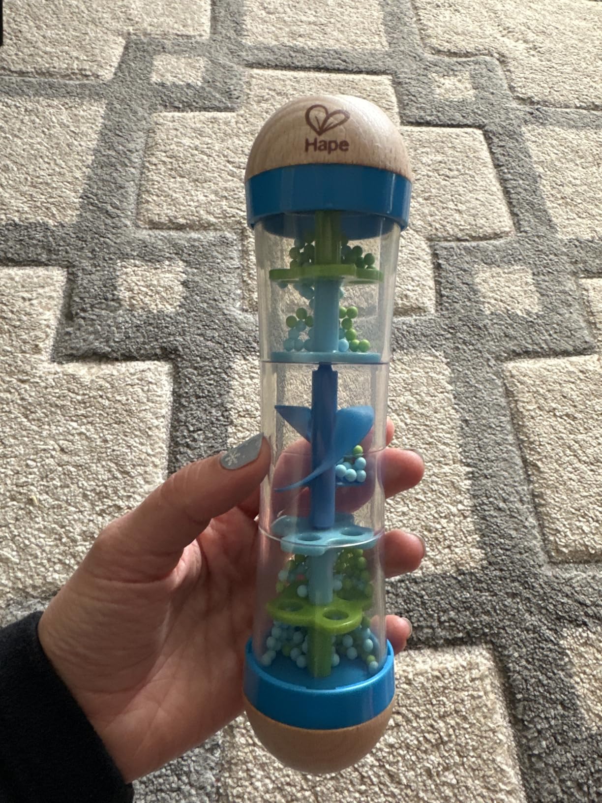 Hape Beaded Raindrops | Mini Wooden Musical Shake & Rattle Rainmaker Toy, Blue customer photo 1