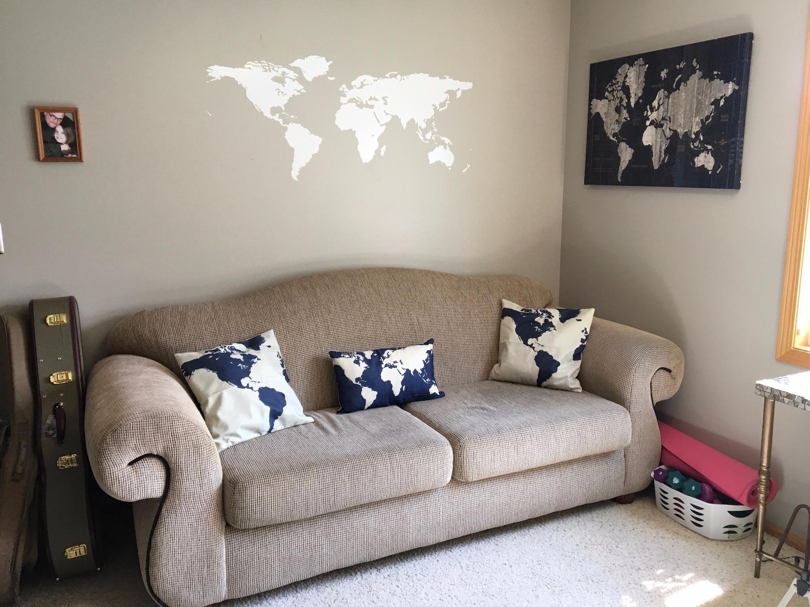 White World Map Wall Decal Sticker - Stickerbrand Home Decor Vinyl Wall Art. Large (42in X 102in) Die-Cut Size. Removable. customer photo 1