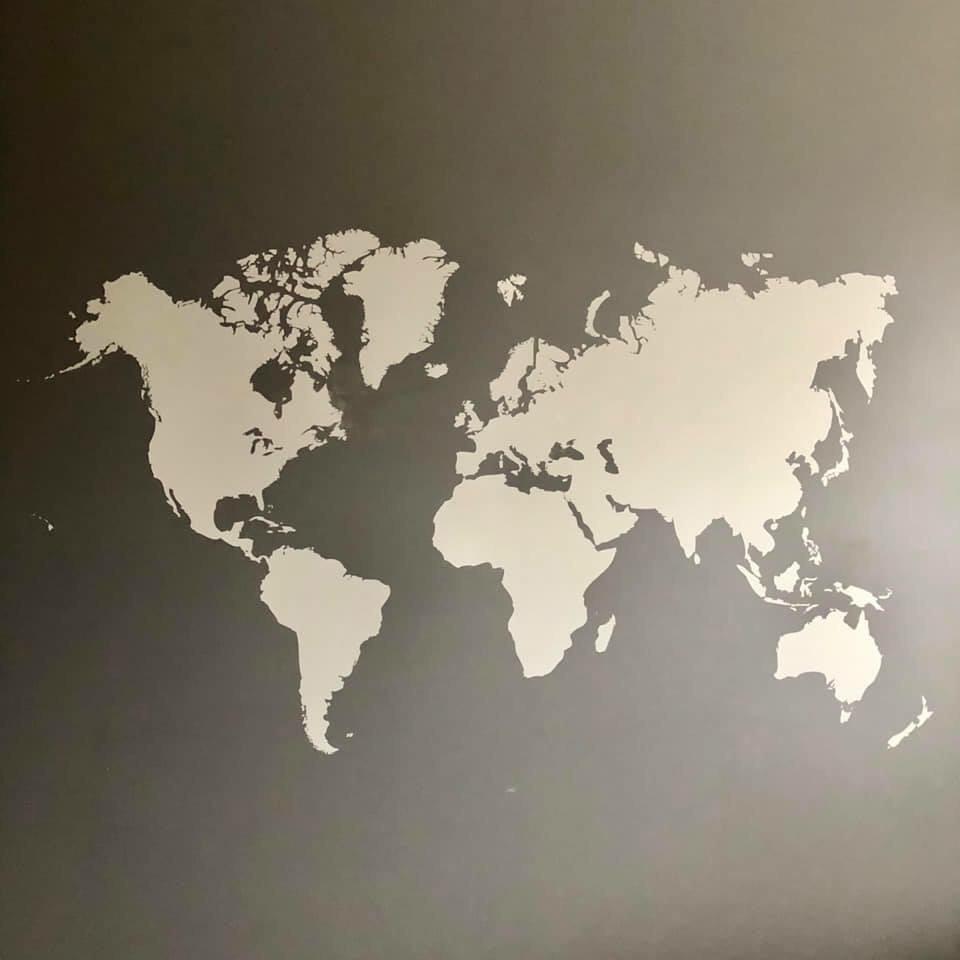 Large World Map with Pin Drops Wall Decal Sticker - Black Map w/Red, Black, White & Grey pins, 60in x 100in. Easy to Apply & Removable customer photo 1