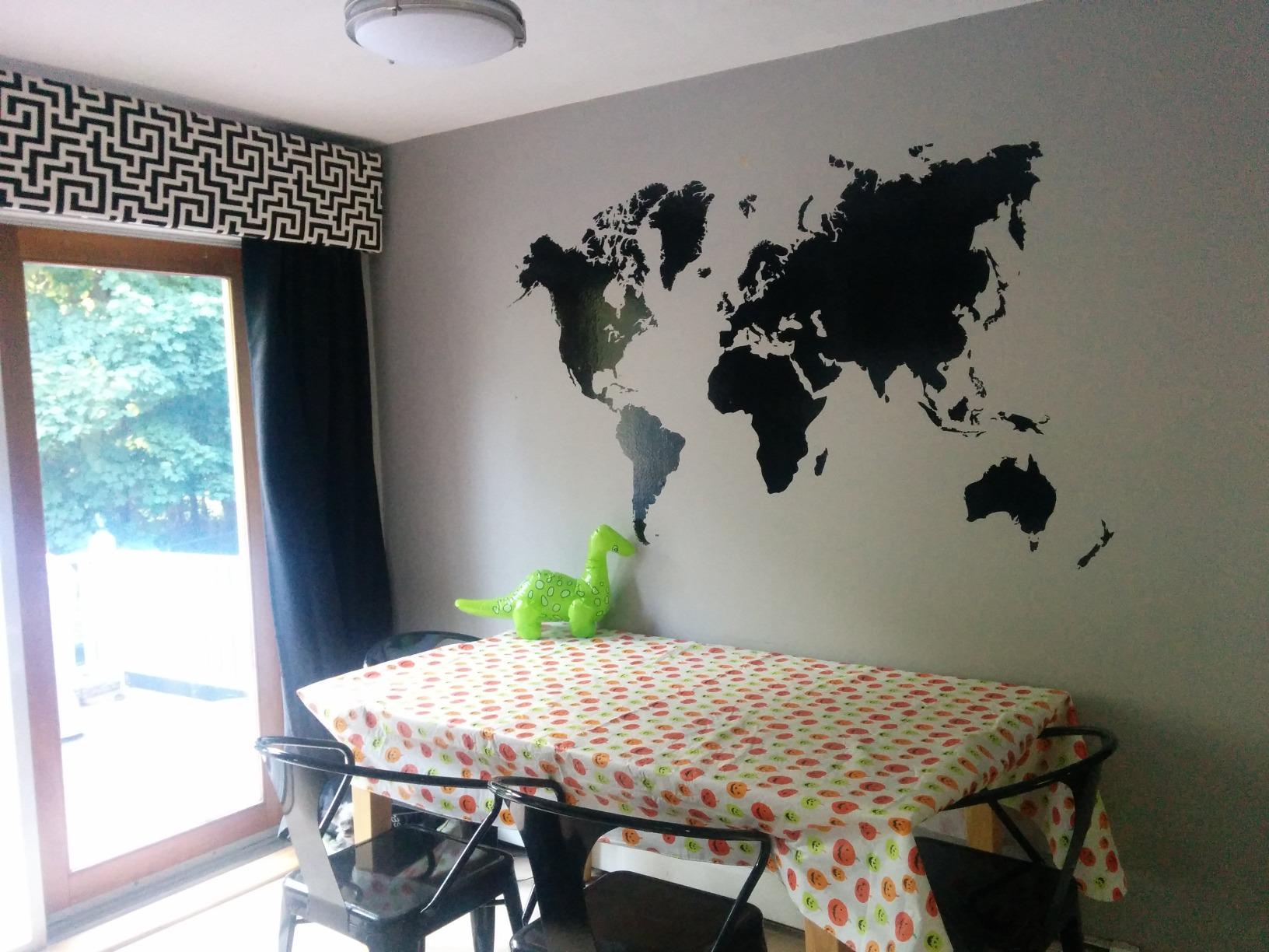 Large World Map with Pin Drops Wall Decal Sticker - Black Map w/Red, Black, White & Grey pins, 60in x 100in. Easy to Apply & Removable customer photo 2