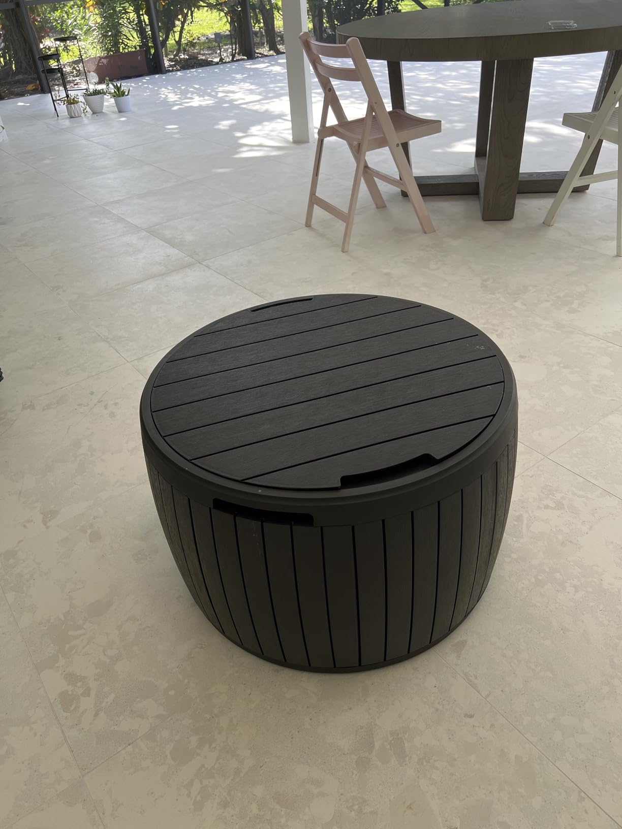 Keter Circa 37 Gallon Deck Box Organizer, Works as Ottoman Chair or Side Table, Brown - Large Resin Round Outdoor Storage and Seating for Garden, Pool, and Patio customer photo 1