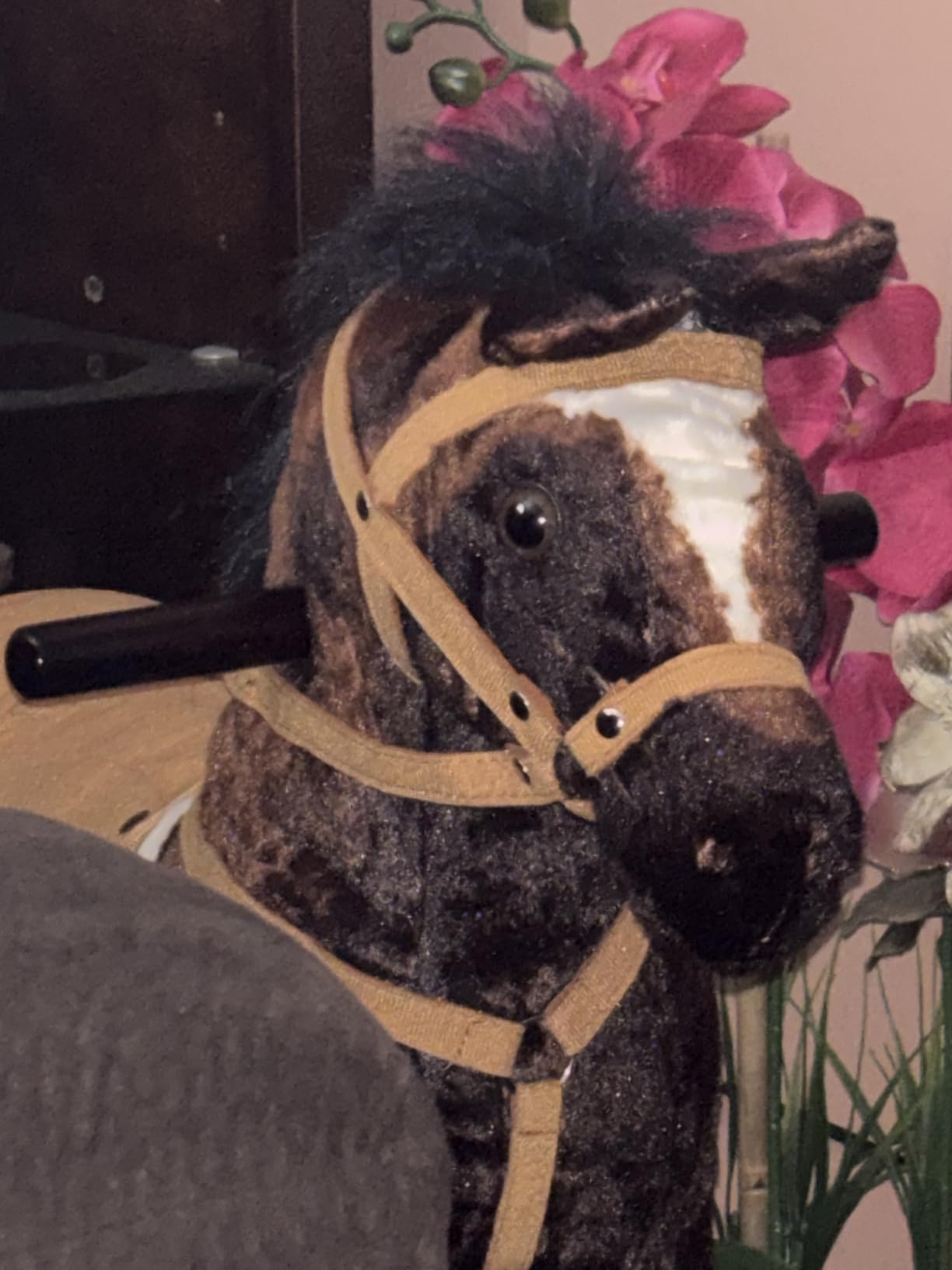 Qaba Rocking Horse, Kids Plush Ride On Toy, Wooden Animal Rocker with Realistic Sounds for Toddlers 36 Month+, Dark Brown customer photo 1