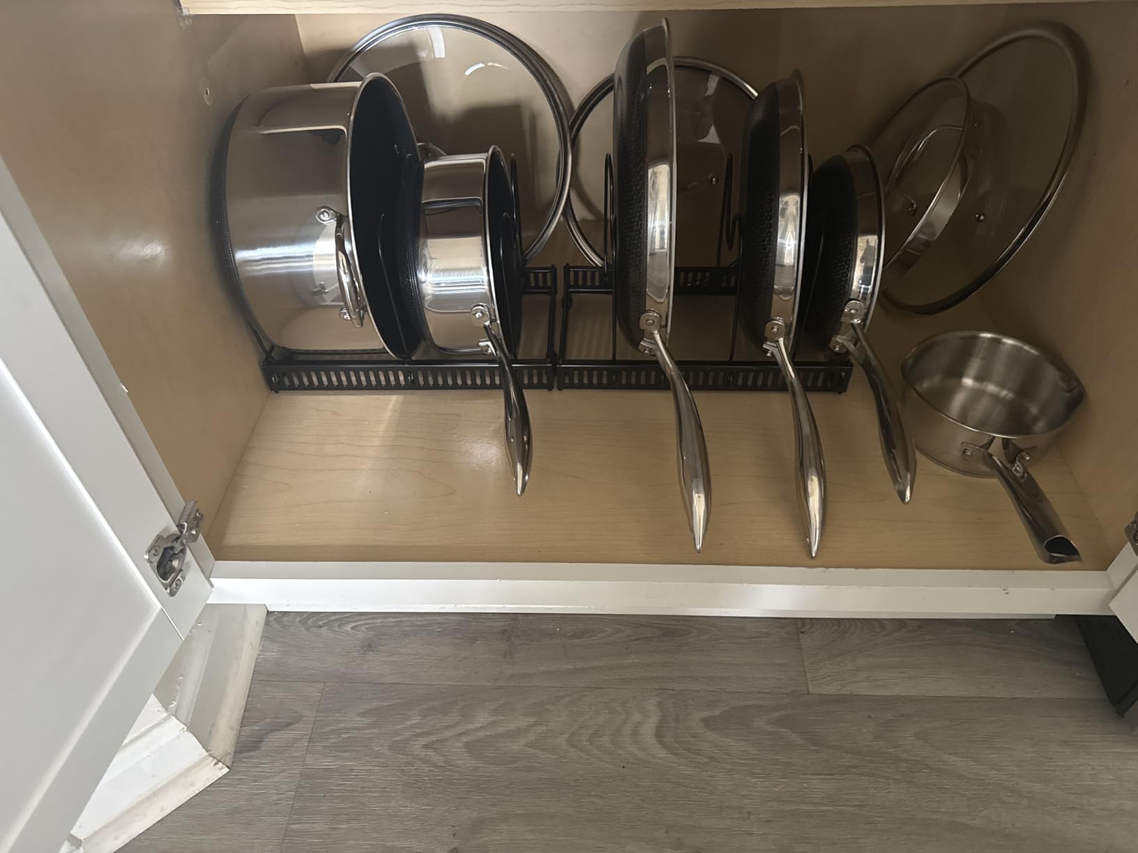 Toplife Pots and Pans Organizer Rack for Cabinet and Countertop, 10+ Pot Lids, Bakeware and Cookware Organizer Rack Holder with 10 Adjustable Compartments - Brown customer photo 1
