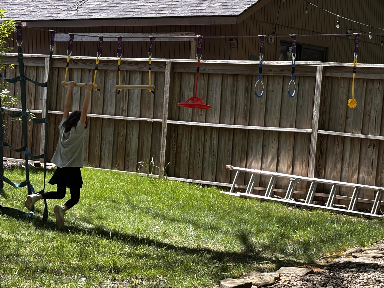 Trailblaze Ninja Warrior Obstacle Course for Kids - Ultimate Outdoor Fun 2x55 Ft Ninja Slackline Climbing Net Rope Ladder Trapeze Swing Monkey Bars customer photo 2