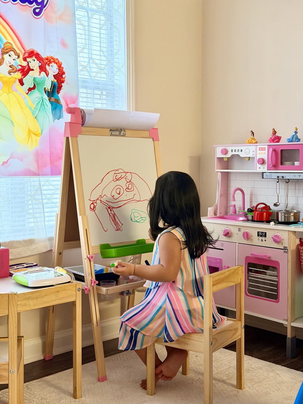 JOYOOSS Kids Wooden Easel with Paper Roll - Adjustable Magnetic Double Sided Drawing Board Whiteboard & Chalkboard Dry Easel Board, Children Art Easel for 3~12 Years Kids Boys Girls Painting Drawing customer photo 1