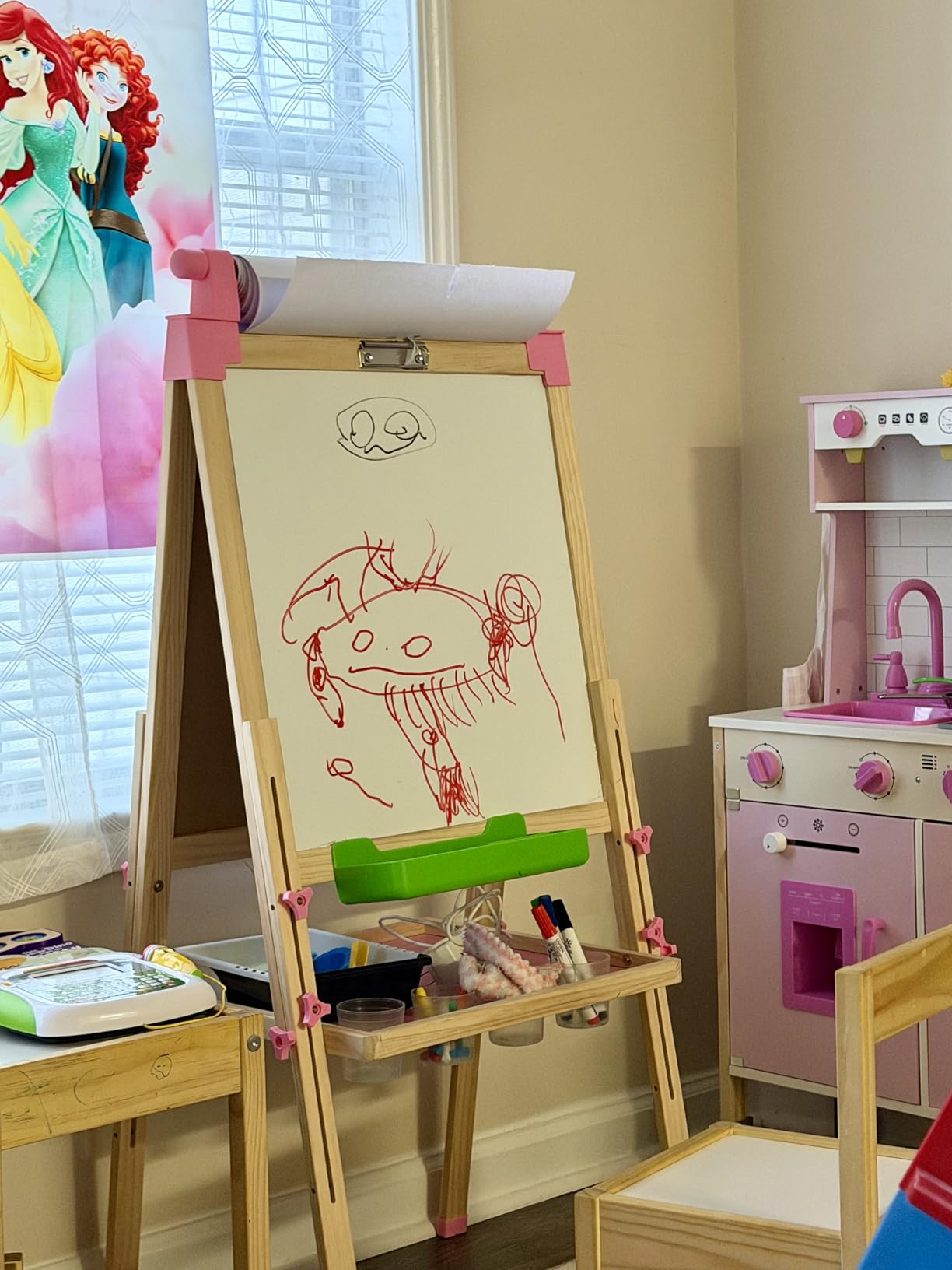 JOYOOSS Kids Wooden Easel with Paper Roll - Adjustable Magnetic Double Sided Drawing Board Whiteboard & Chalkboard Dry Easel Board, Children Art Easel for 3~12 Years Kids Boys Girls Painting Drawing customer photo 2