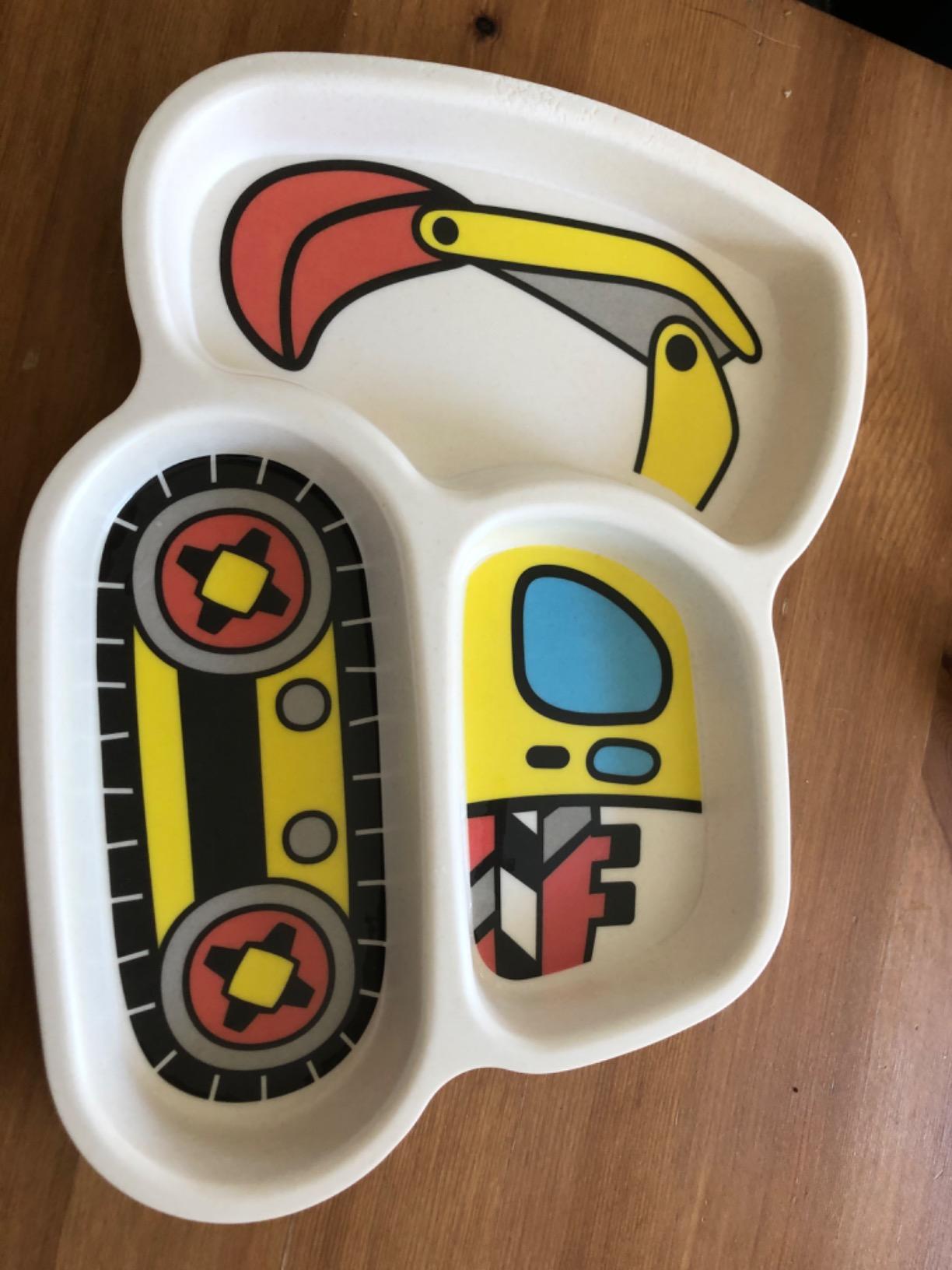 Kid Plate Set Bamboo Toddler Plates Dinnerware Dinner Dish Set Baby Feeding Spill Proof Divided Plate - Baby Spoon and fork 3-Piece Set for Kids and Toddlers (excavator) customer photo 2