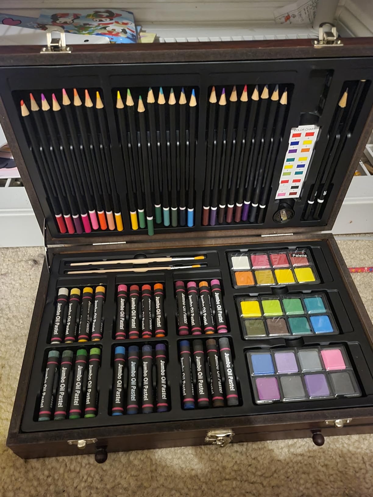 Sunnyglade 145 Piece Deluxe Art Set, Wooden Box & Drawing Kit with Crayons, Oil Pastels, Colored Pencils, Watercolor Cakes, Sketch Pencils, Paint Brush, Sharpener, Eraser, Color Chart (Cherry) customer photo 1
