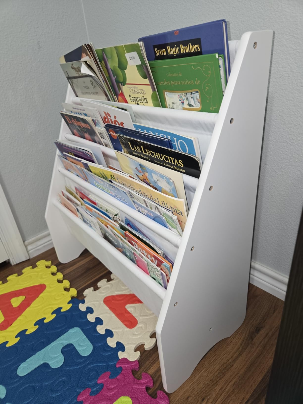 UTEX Kids Bookshelf Storage, Book Shelf for Kids Rooms, 4 Tier Sling Bookshelf for Kids, Toddler, Magazine Book Rack, Children Book Organizer, White customer photo 2