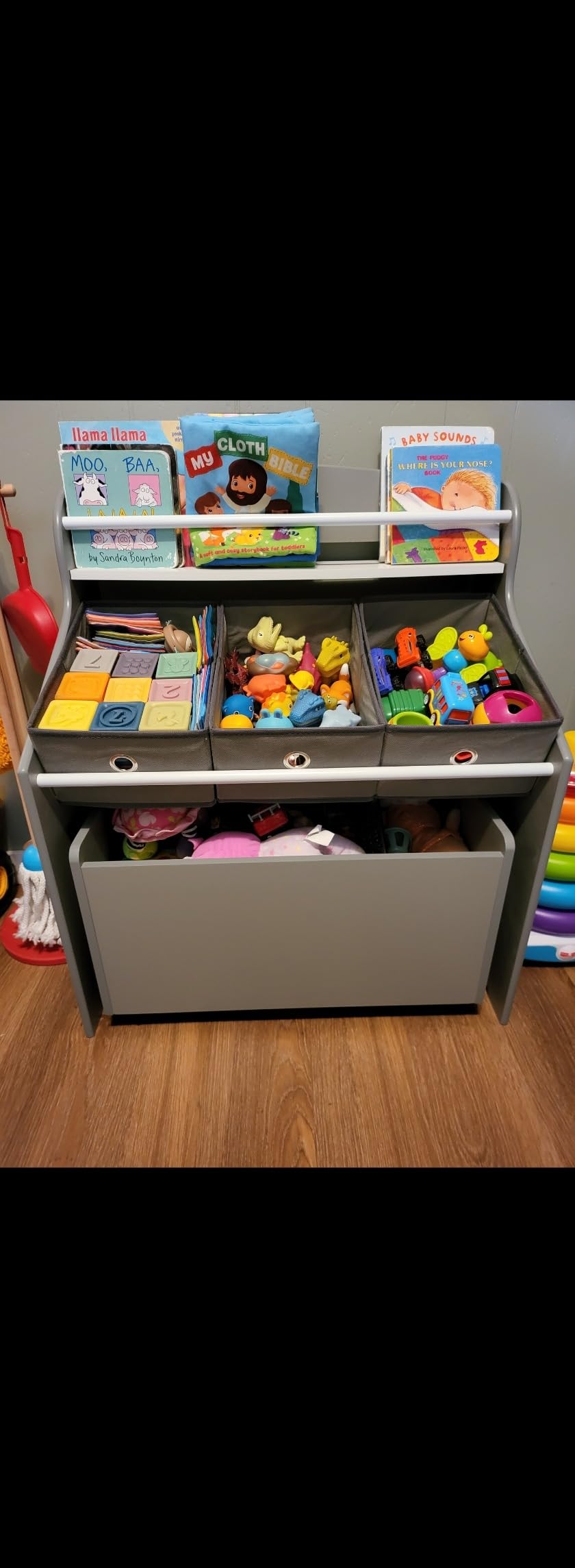 Humble Crew 3-in-1 Kids Bookshelf and Toy Storage Organizer, Bookcase with Rolling Toy Box and 3 Fabric Storage Bins, Wooden Nursery & Playroom Organizer, Grey/Grey customer photo 1