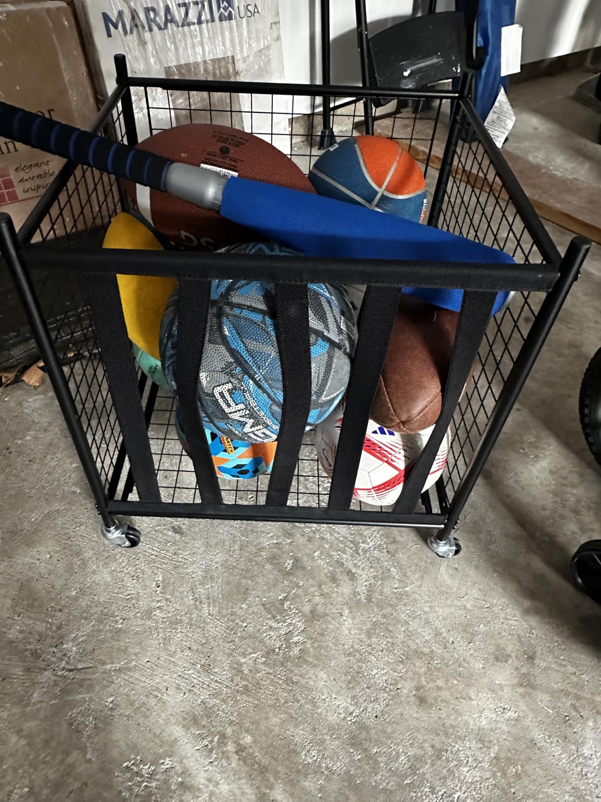 Snail Garage Sports Equipment Storage Organizer Sports Ball Storage Rolling Cart with Basket and Hooks Lockable Sports Ball Cage Storage Rack for Garages, Playgroup, Gym and Schools, Black customer photo 2