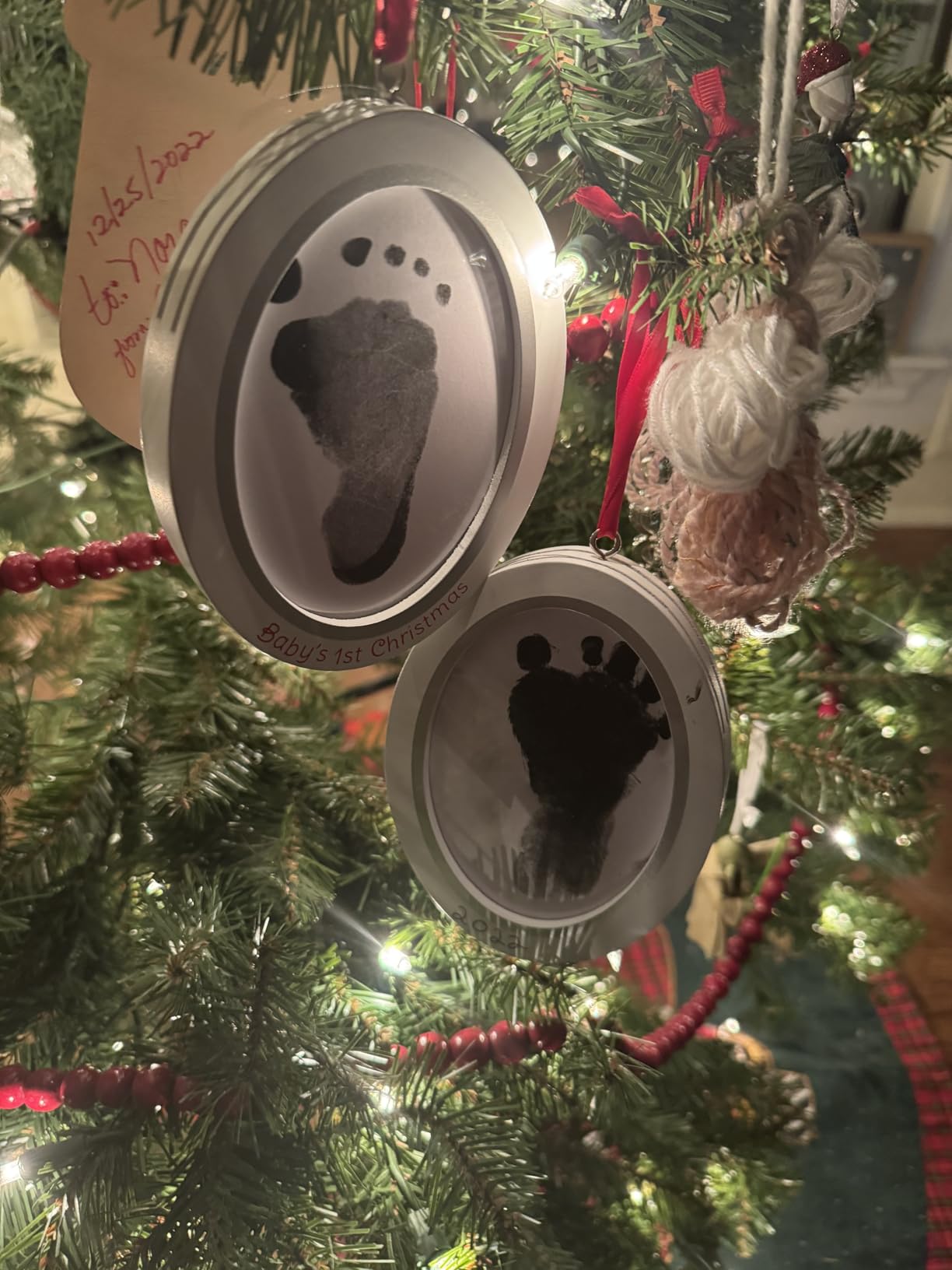 Pearhead Babyprints Double-Sided Christmas Ornament, First Holiday Keepsake Frame with Clean-Touch Ink Pad, Newborn Handprint Footprint Kit, Infant Photo Decoration, Red customer photo 1