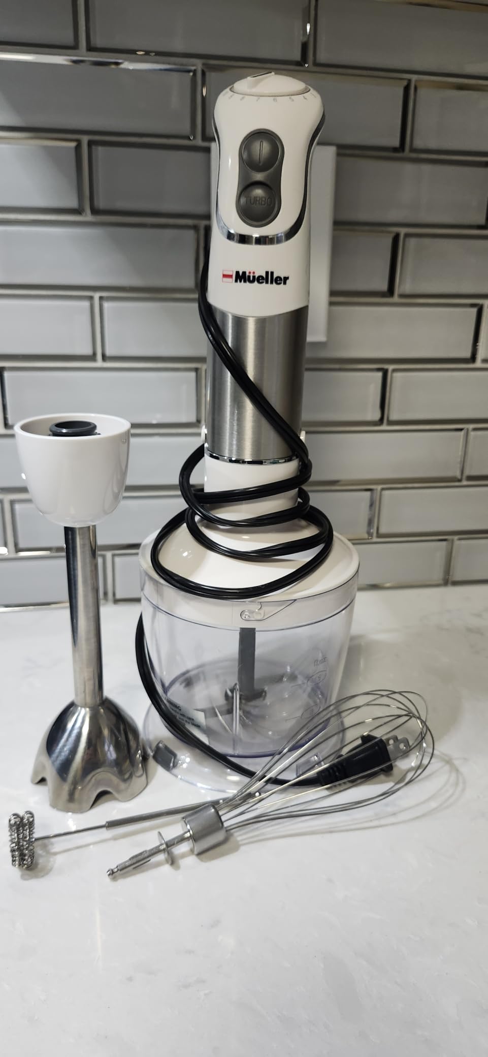 Mueller Multistick 5-in-1 Immersion Blender Handheld, 12 Speed Hand Mixer-Turbo Boost, Heaviest Duty Copper Motor, Titanium Reinforced Blades Hand Blender, Milk Frother Wand, Whisk, Beaker, Chopper, Grey customer photo 1