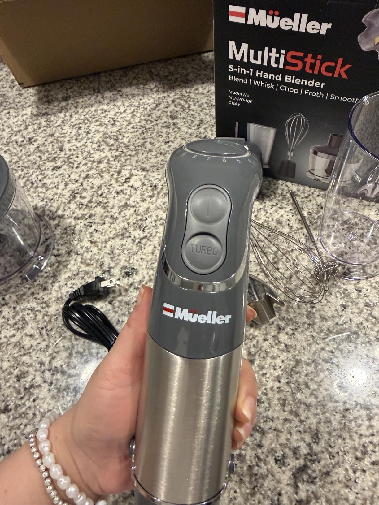 Mueller Multistick 5-in-1 Immersion Blender Handheld, 12 Speed Hand Mixer-Turbo Boost, Heaviest Duty Copper Motor, Titanium Reinforced Blades Hand Blender, Milk Frother Wand, Whisk, Beaker, Chopper, Grey customer photo 2