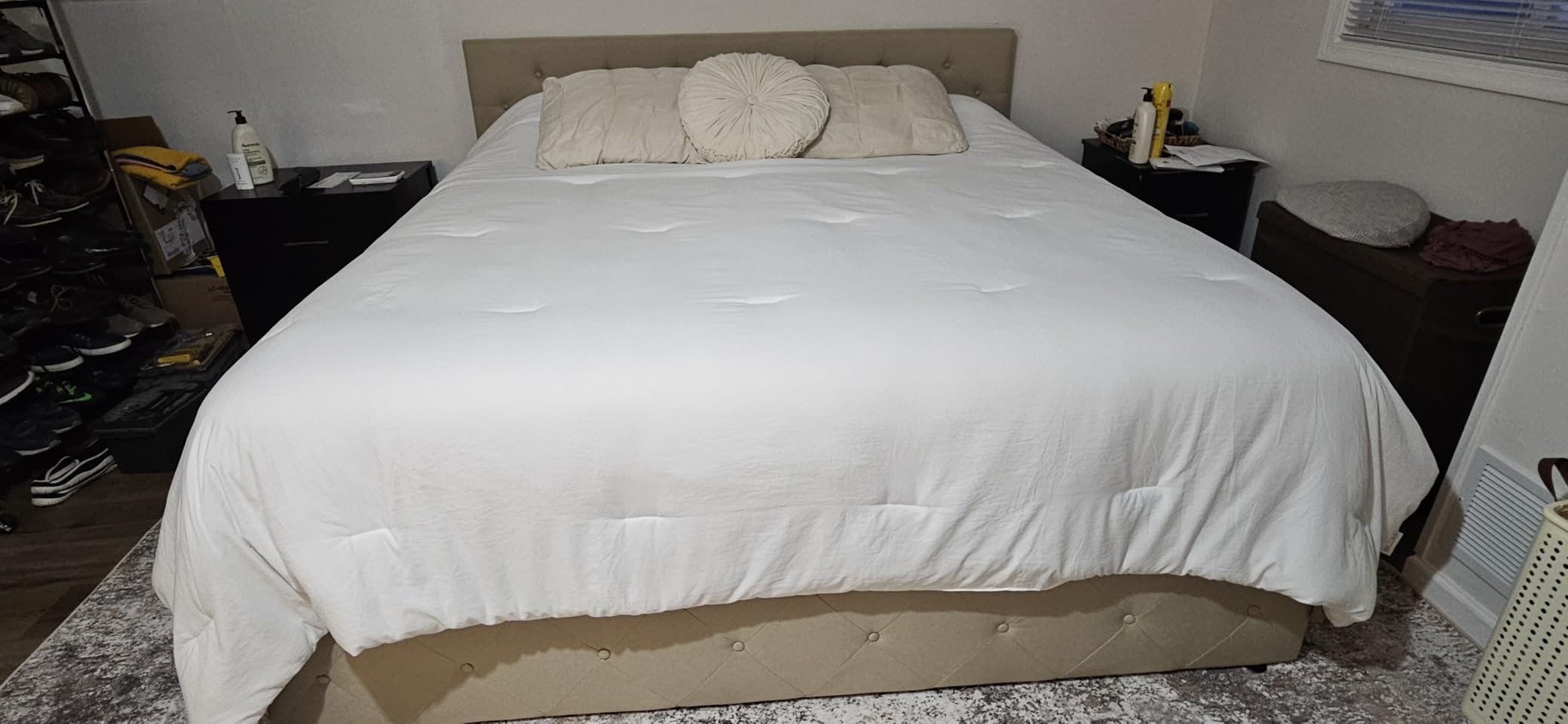 Allewie Upholstered Queen Size Platform Bed Frame with 4 Storage Drawers and Headboard, Square Stitched Button Tufted, Mattress Foundation with Wooden Slats Support, No Box Spring Needed, Light Grey customer photo 1
