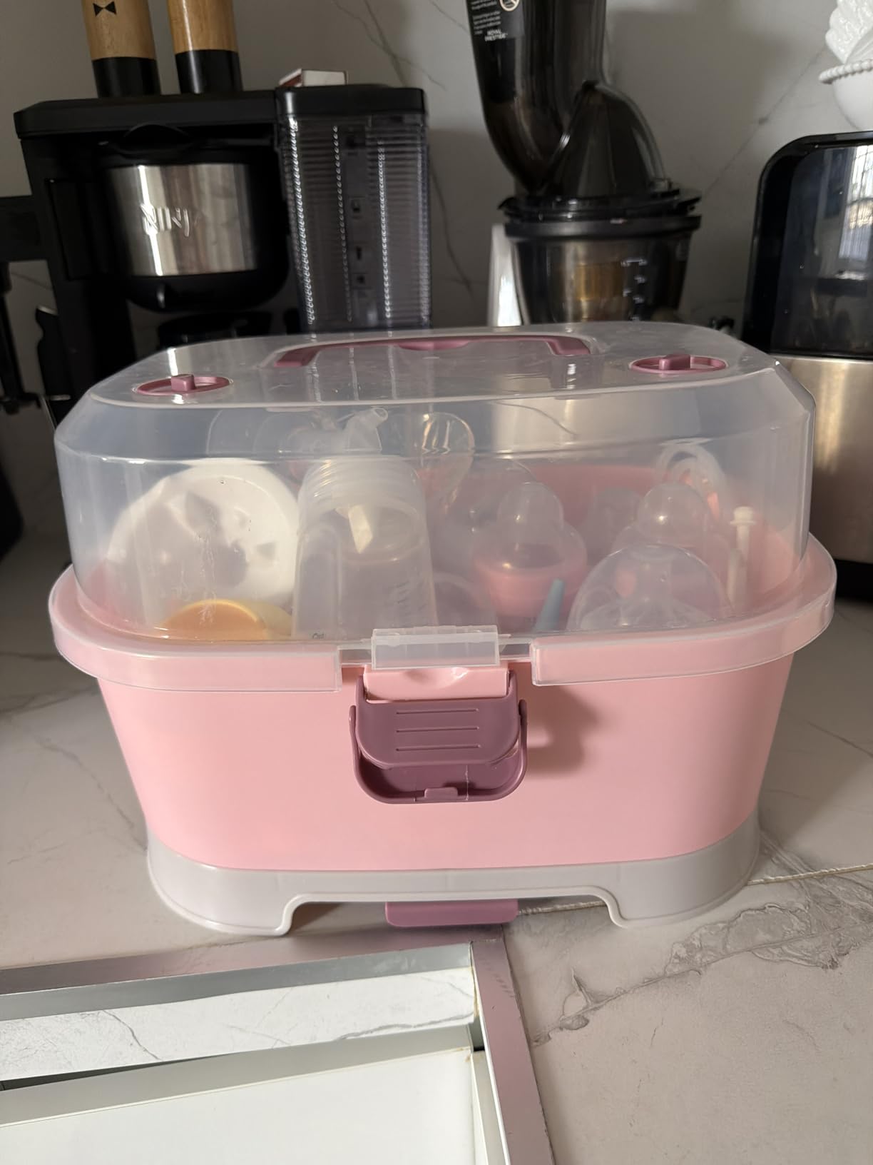Baby Bottle Drying Rack Storage, Large Nursing Bottle Storage Box Organizer with Cover, Portable Kitchen Cabinet Organizer, Easy to Clean Drainer, Durable countertop Dryer Pink customer photo 1